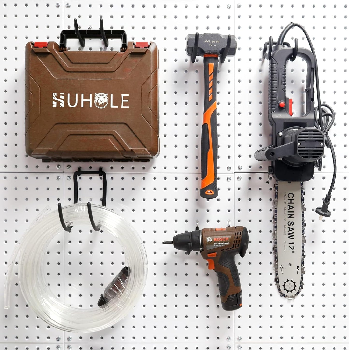 HUHOLE Pegboard Drill Holder, Peg Board Utility Hooks, 8 Pack Heavy Duty Peg Board Tool Holder for Power Tools, Drill, Hammer, Cord, Fit for 1/4" Pegboard(8PC)