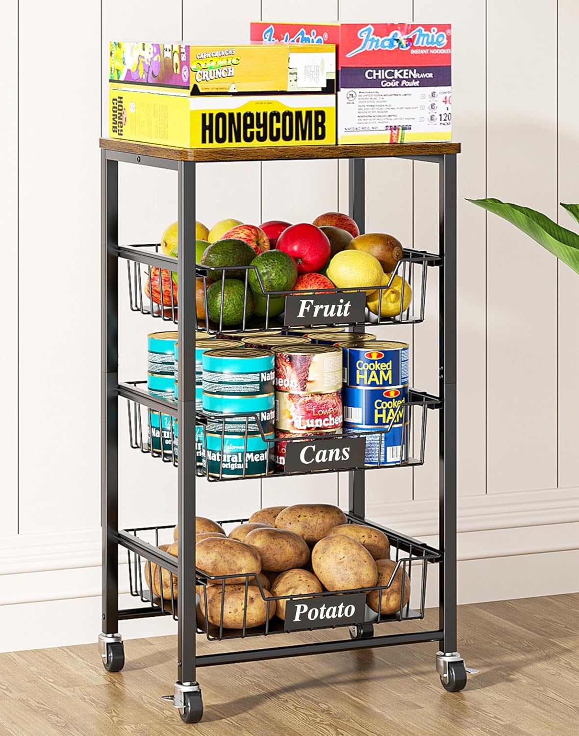 4-Tier Small Kitchen Storage Cart on Wheels, Metal Fruit Basket Stand with Pull-Out Baskets & Wood Top for Potato Onion Produce Snack Veggies