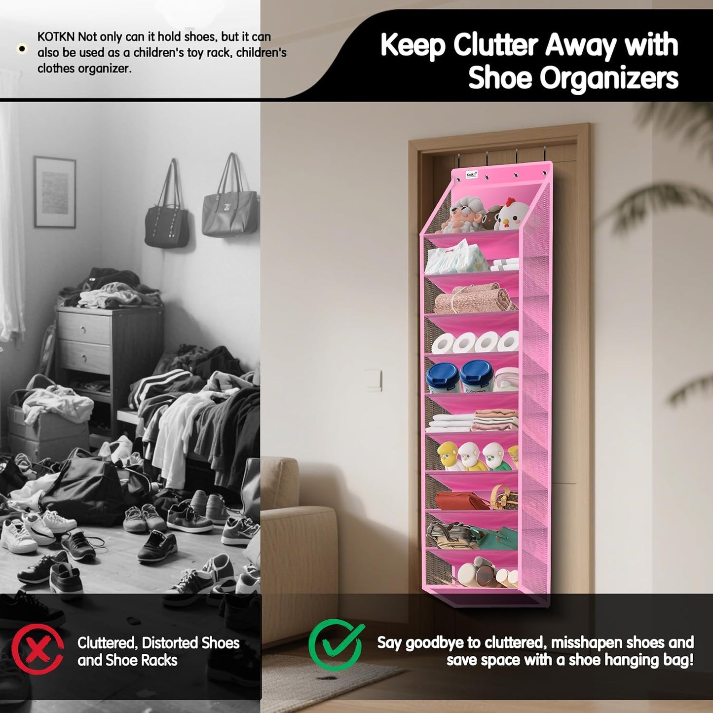 10 Tier Over The Door Organizer - Heavy Duty Hanging Storage Rack with Sturdy Oxford Fabric, Holds 20+ Pairs of Footwear, Boots & Sneakers, Saves 50% Closet Space! (Pink)