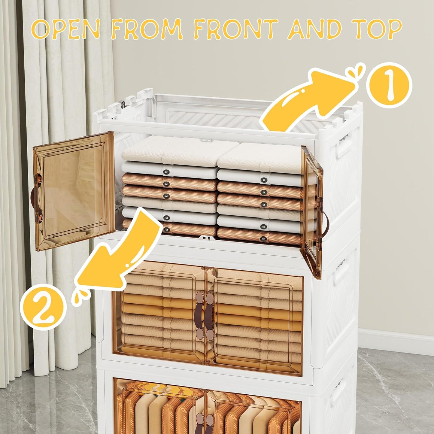 Storage Bins with Lids and Wheels, Collapsible Bathroom Storage Cabinet with Clear Doors, Plastic Stackable Closet Organizers and Storage Containers White 398 QT