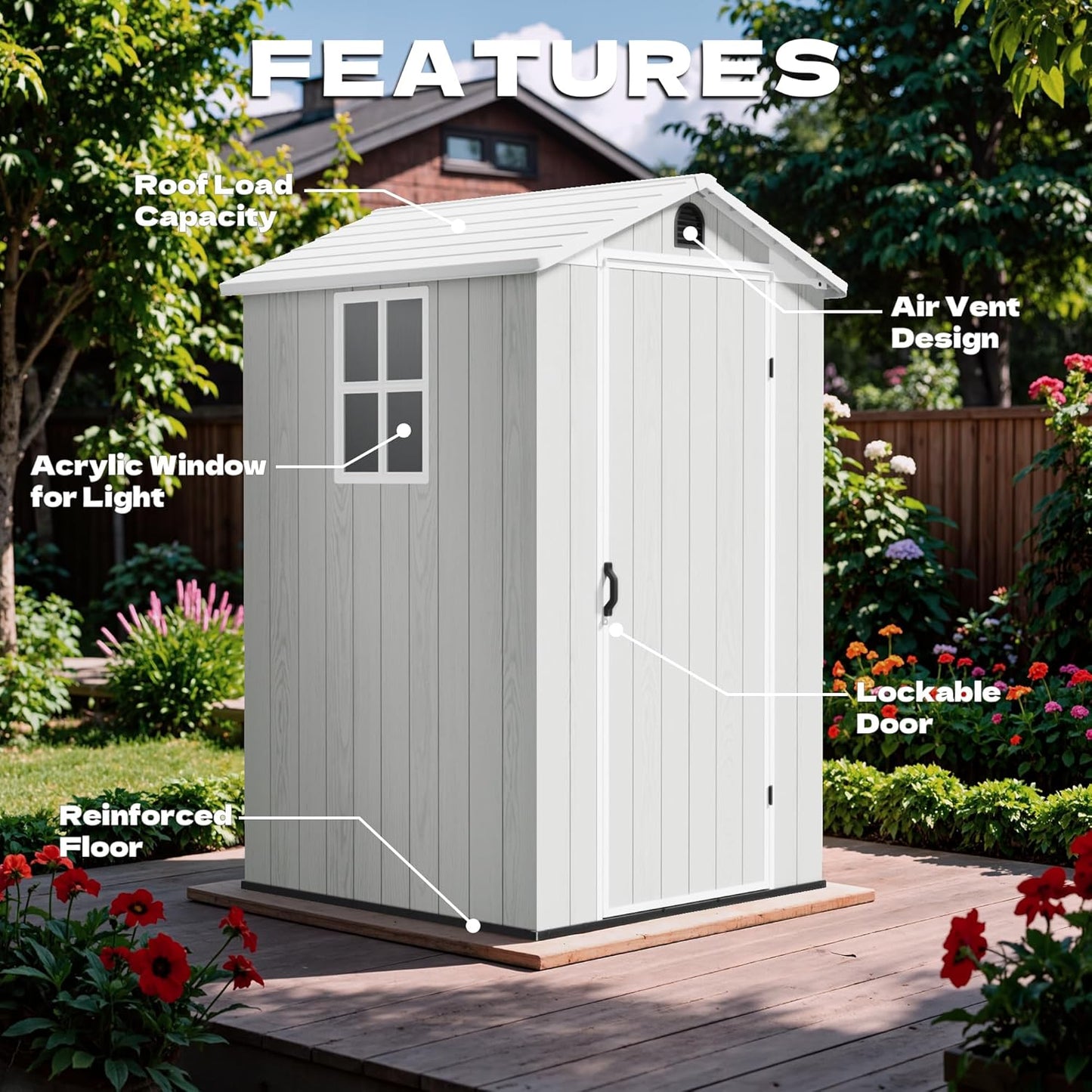 Devoko 4x4 FT Outdoor Shed, Compact & Secure Plastic Resin Storage with Lockable Door, Features Built-in Floor & Window for All-Weather Garden, Patio, and Poolside Organization, Light Gray