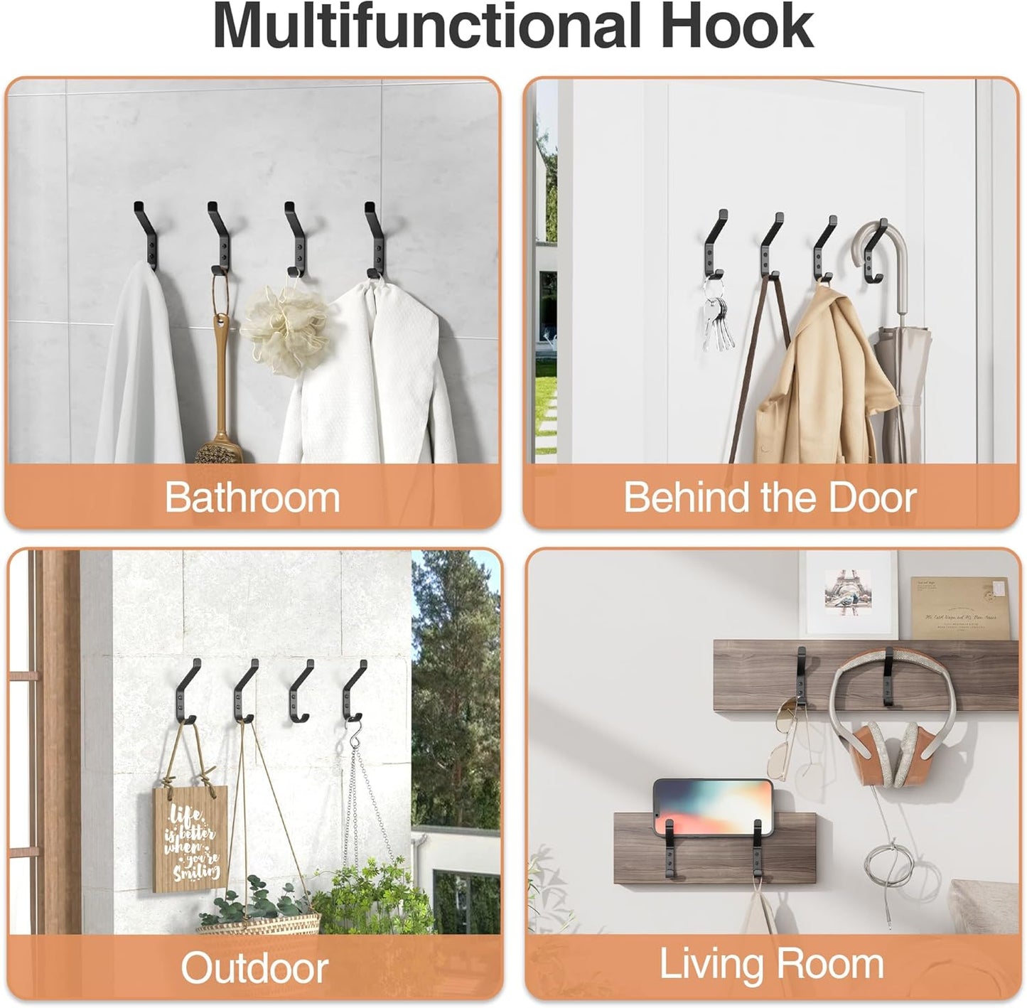 Coat Hooks Wall Mount for Hanging: 20LB Sturdy Hanger for Backpack, Towel, Bag, for Closet, Bathroom, Door, Mushroom, Stainless Black 6 Pack, 3.75"