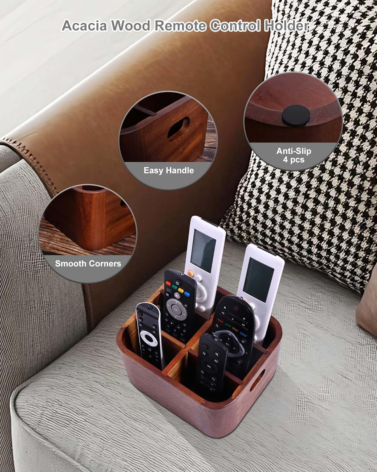 LYNG Acacia Wood Remote Control Holder Caddy, Solid Wood Organizer with 4 Adjustable Dividers & Handle, Remote Organizer for Coffee Table & Living Room