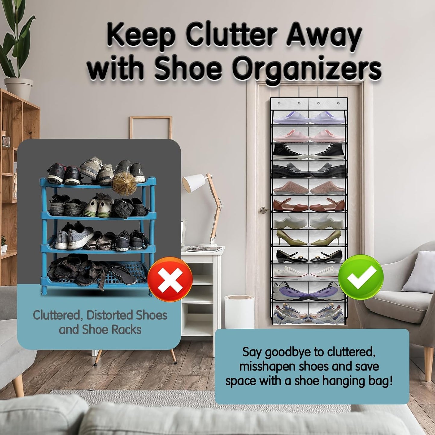 Over The Door Shoe Organizer with 12 Large Breathable Pockets - Durable Hanging Storage for the Entire Family's Shoes - White