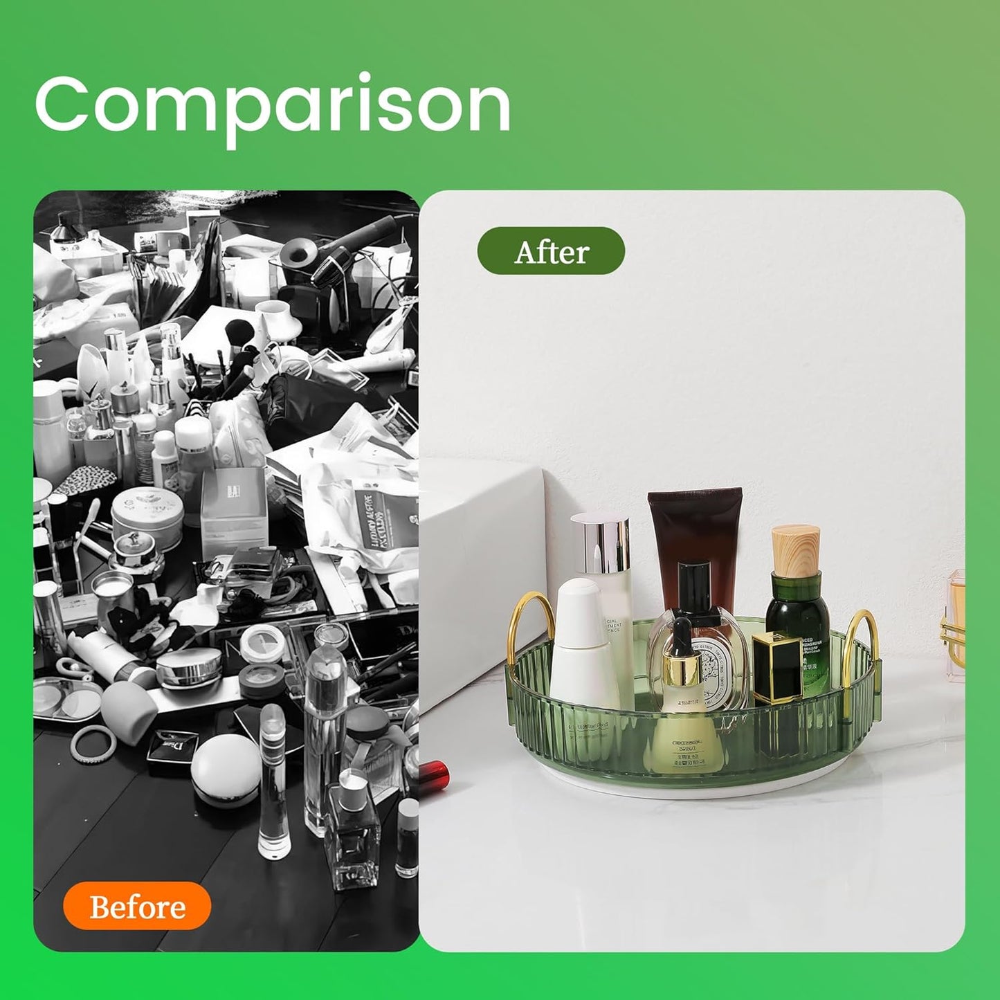 Rotating Makeup Organizer for Vanity, Skincare Make Up Organizers for Bathroom Counter, Clear Perfume Dresser Cosmetic Storage Display Case Holder 360 Spinning,1 Tier, Green