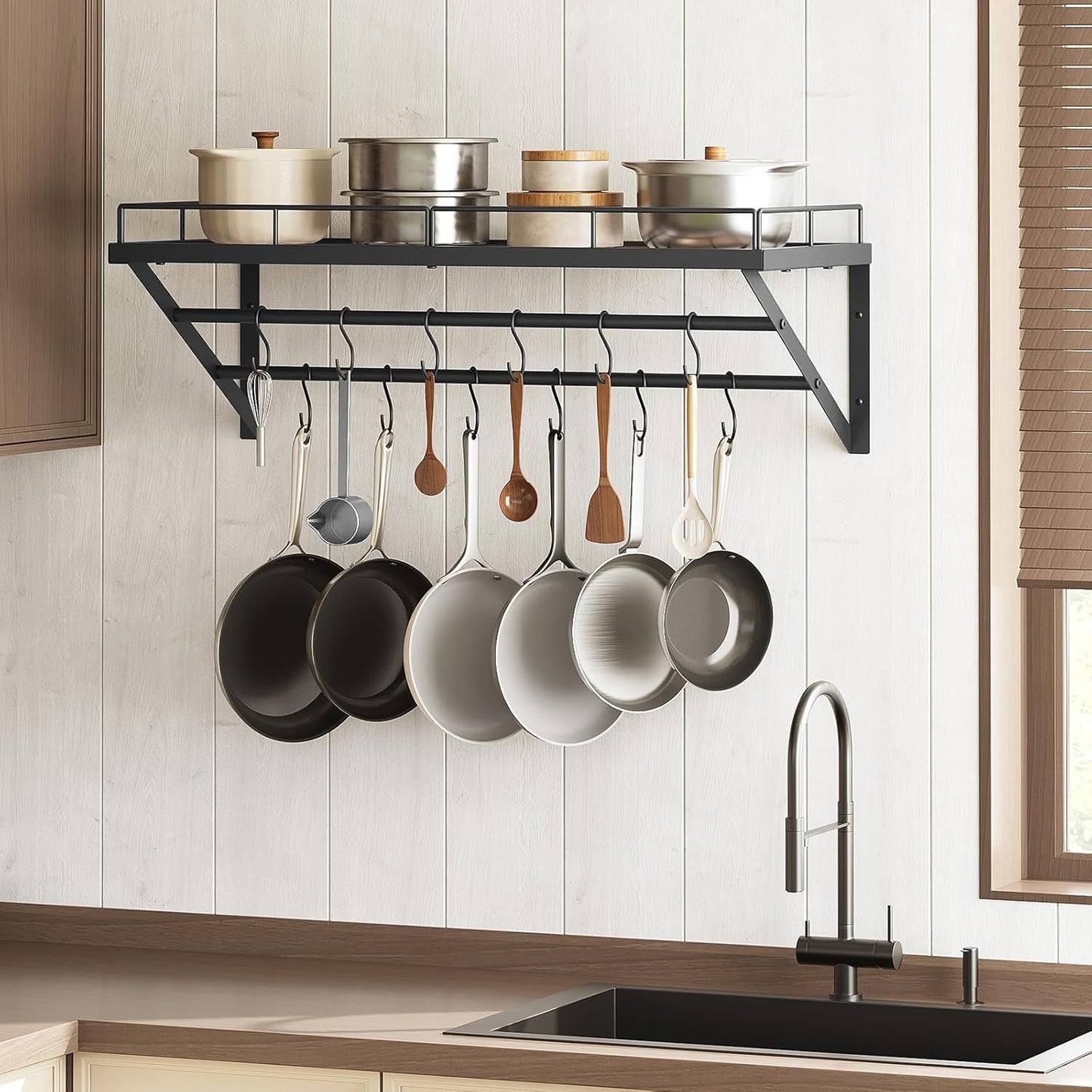 Pot Rack, 30 Inch Wall Mounted Pot Rack, Kitchen Pot and Pan Organizer with 2 Tier Hanging Rails, 12 S-Hooks, Space Saving, for Kitchen Cookware Organizer, Black PR02BK