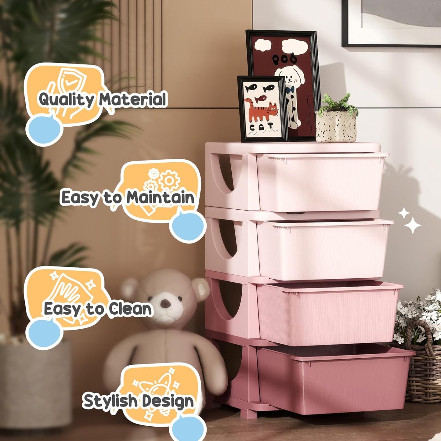 Qaba 4 Tier Kids Storage Unit, 4 Drawer Chest Toy Organizer Plastic Bins for Kids Bedroom Nursery Kindergarten Living Room for Boys Girls Toddlers, Pink