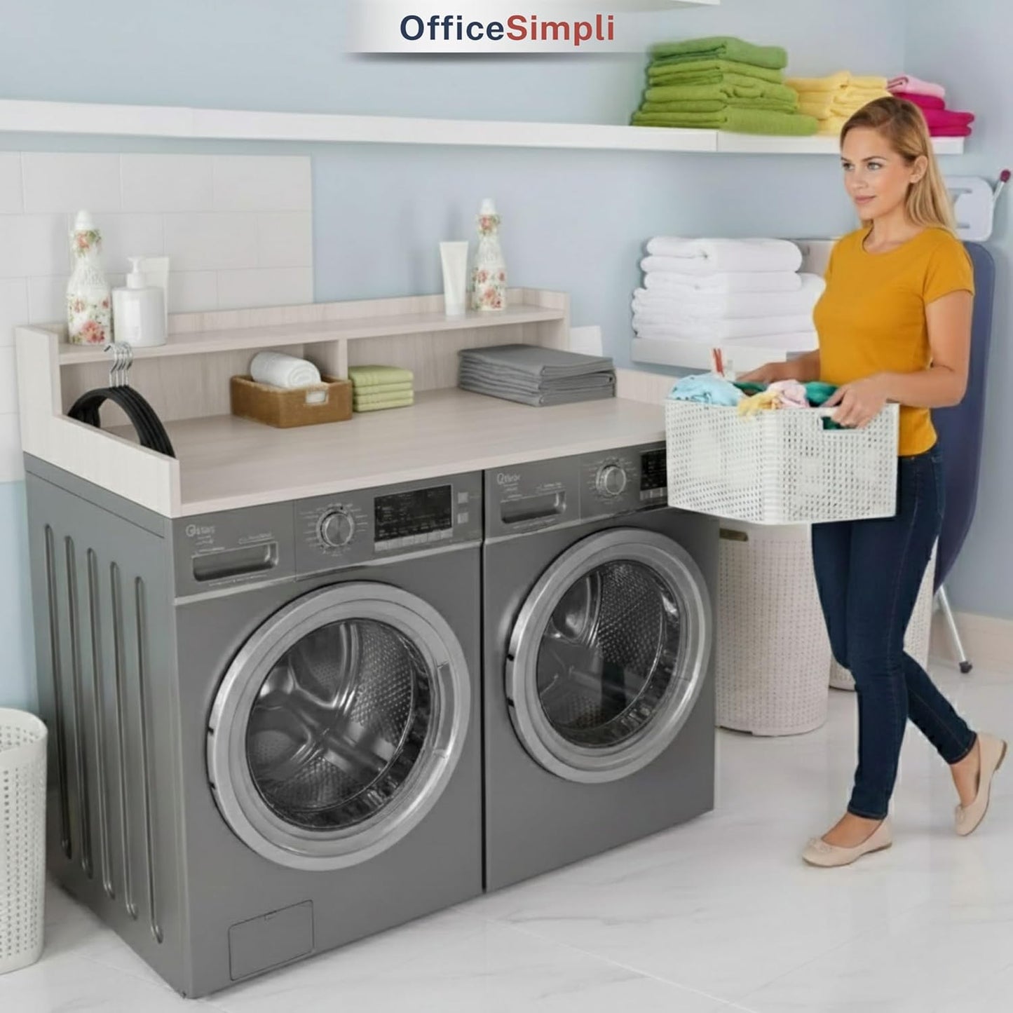 OfficeSimpli Washer Dryer Countertop with Shelf - 27.5 x 54 Inch - Made in USA Laundry Countertop Over Washer and Dryer with Non-Slip Pads, Storage Shelf, Laundry Topper Organizer, Rustic Oak