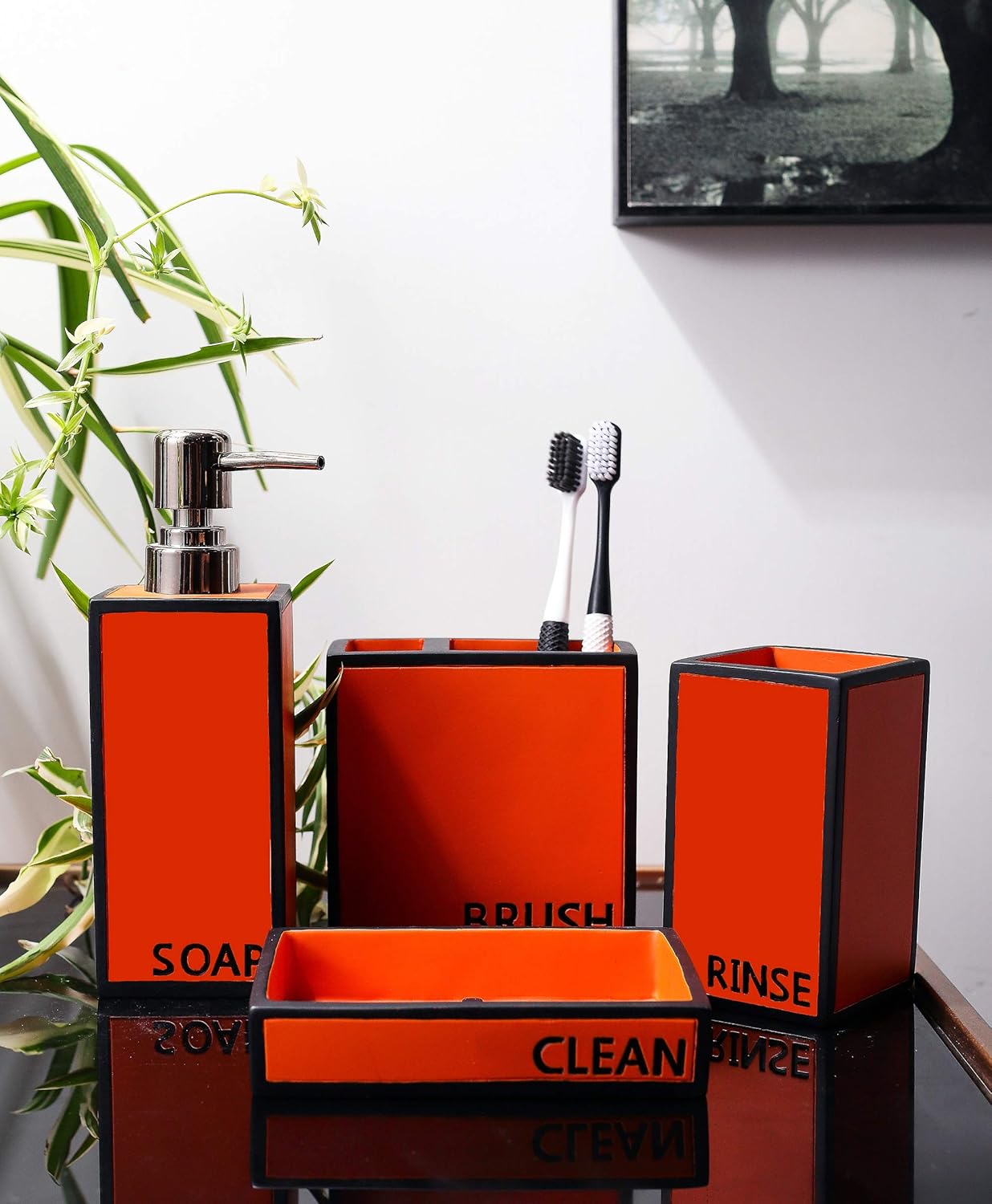 Hymmah Bathroom Accessories Set,Toothbrush Holder,Farmhouse Bathroom Decor,4 Pcs Resin Gift Set Apartment Necessities, Contain Toothbrush Cup,Soap Dispenser,Soap Dish,Tumbler Orange