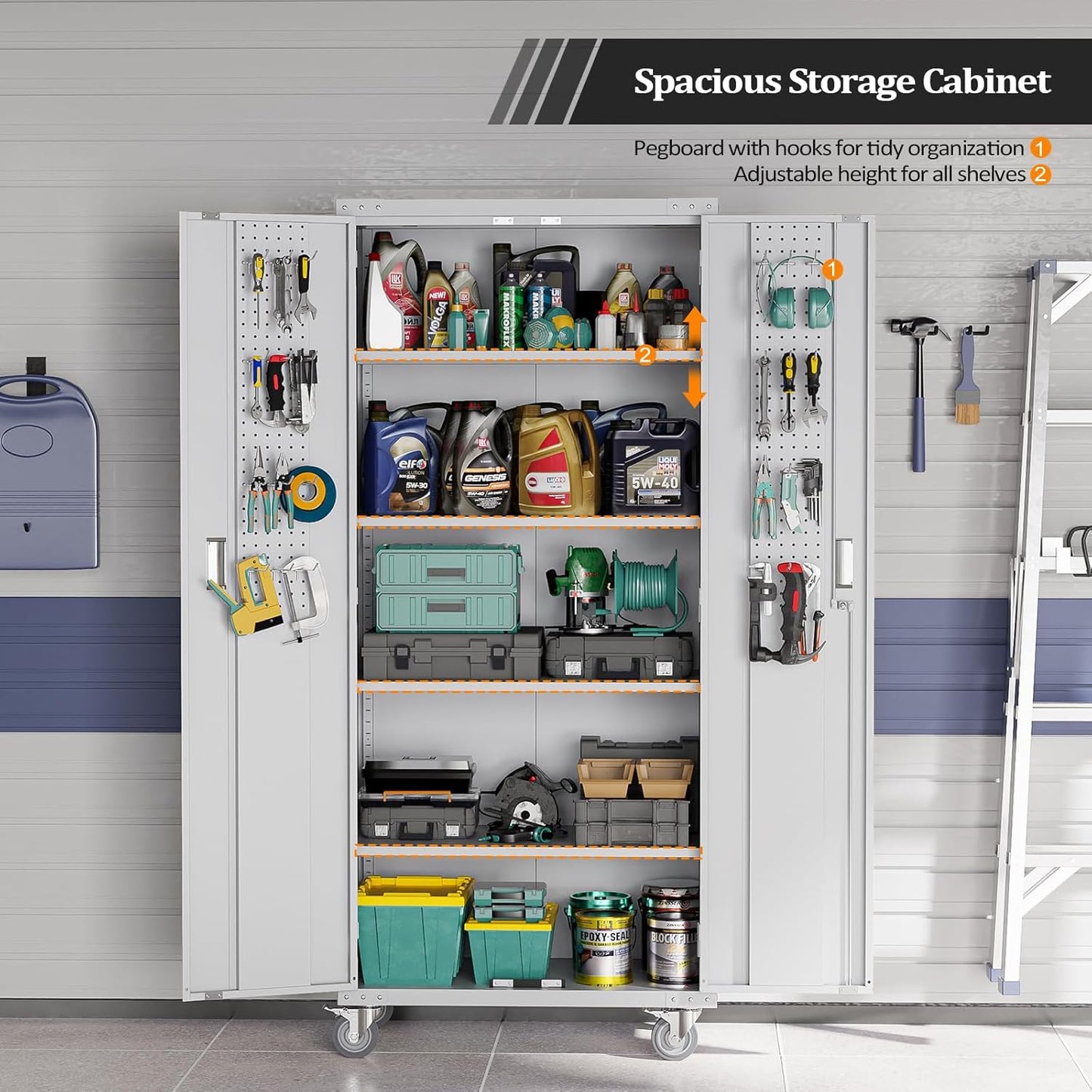 VINGLI 72'' Tall Garage Storage Cabinet, Metal Storage Cabinet with Pegboards, Wheels, Locking Doors and Adjustable Shelves (Gray, 32''W x 16''D x 72''H)