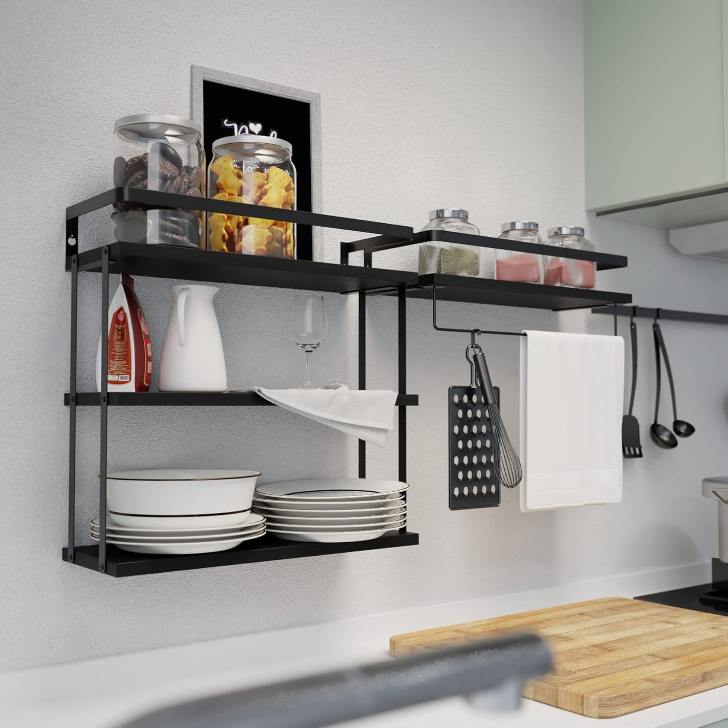 RICHER HOUSE 3+1 Tier Wall Mounted Floating Shelves Set of 2, Rustic Wood Wall Shelf with Metal Frame, Extra Storage Rack for Bathroom, Kitchen, Bedroom with Tissue Rack & Towel Bar - Black