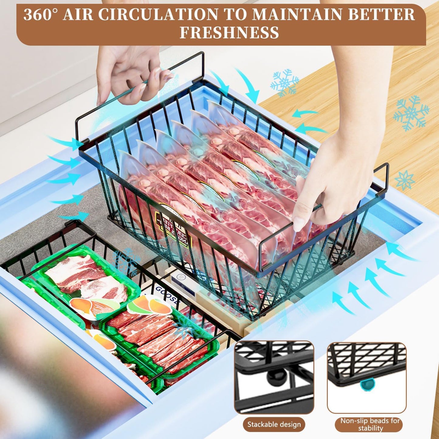 Freezer Organizer Bins ,Enhanced Leak-Proof Bottom,4 Pack Stackable Deep Freezer Organizer Bins for 5 Cu.FT Small Chest Freezer,Easy Get Bottom Foods without Digging(for 5 Cu.Ft