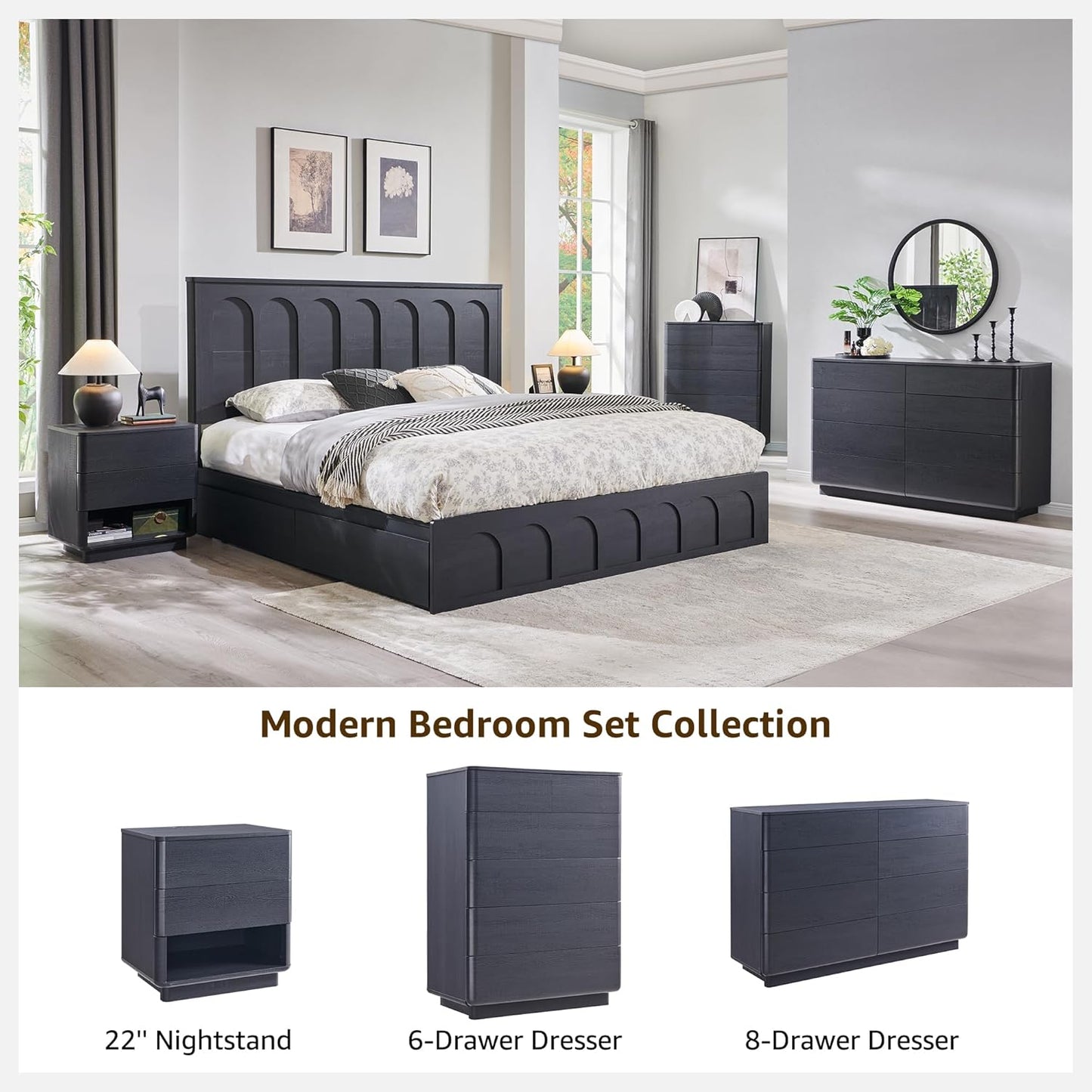 ACCOHOHO Nightstand Set of 2 with Charging Station, 22" Large Modern Bedside Table with 2 Drawers Storage,Push-to-Open End Table for Bedroom,Living Room,Black
