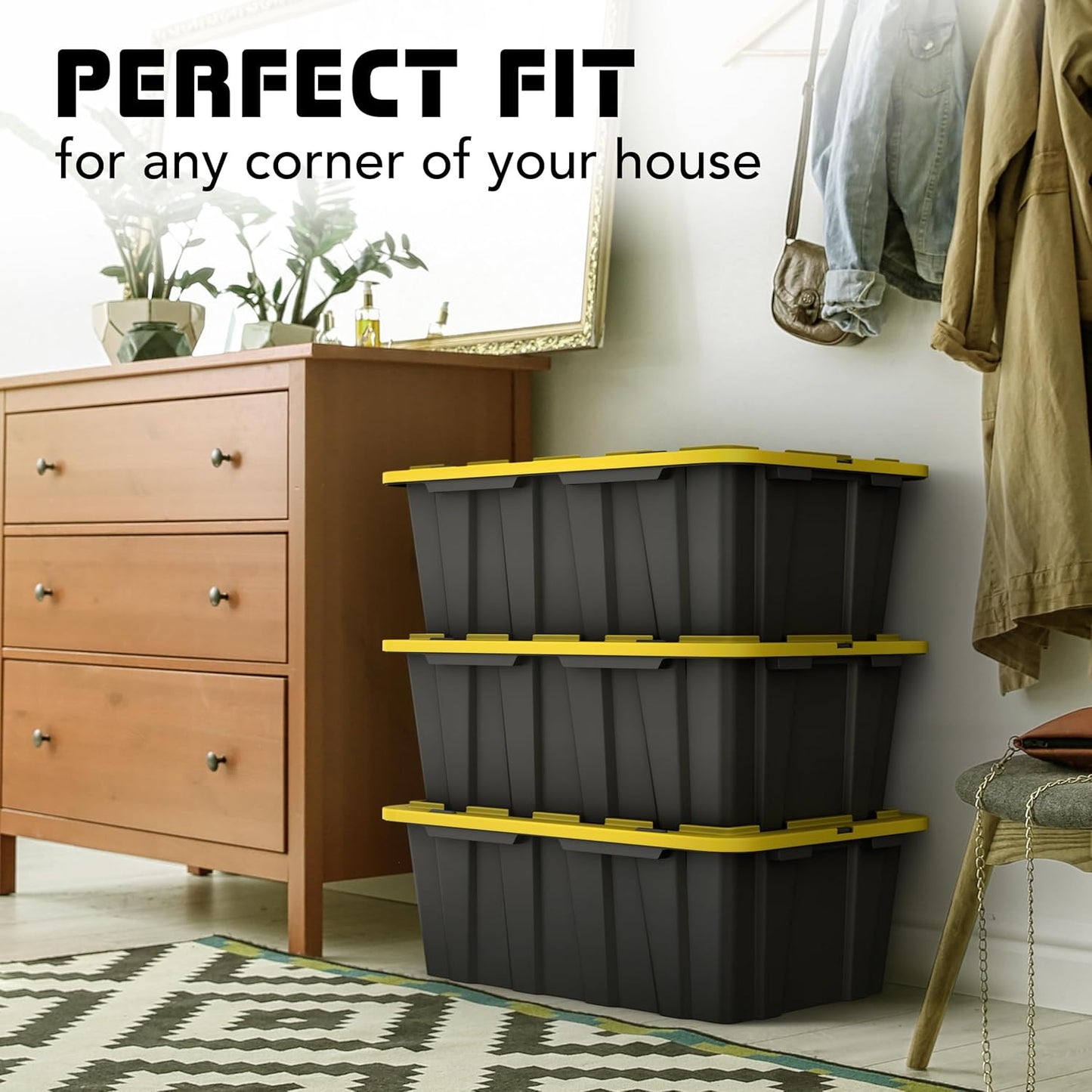 Lifetime Home 8 PACK of Medium 12 Gallon Plastic Storage Bin Tote Organizing Container with Ultra Durable Secure Latching Lids, Stackable, Extra Strength Clear with Built in Handle - Black and Yellow