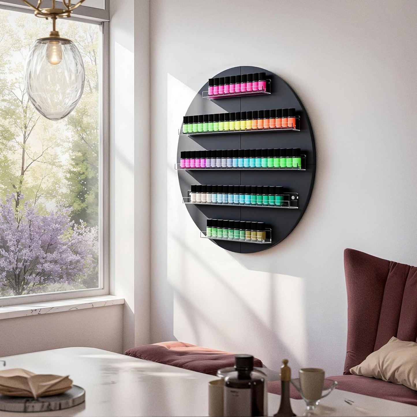 Wall Mount Nail Polish Organizer, 2 Packs Wood Nail Polish Rack w/Acrylic Barrier, 5-Tier Round Storage & Display Shelf, Perfume Essential Oil Bottles Holder, Black