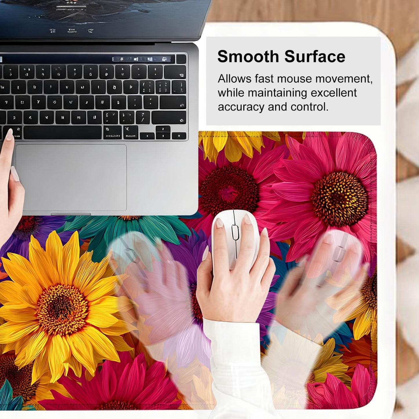 Colorful Floral Mouse Pad – Large Extended Desk Mat 31.5 x 11.8 in– Bright Rainbow Sunflower Design, Non-Slip Rubber Base, Waterproof Surface, Oversized Keyboard & Mouse Pad for Office or Gaming