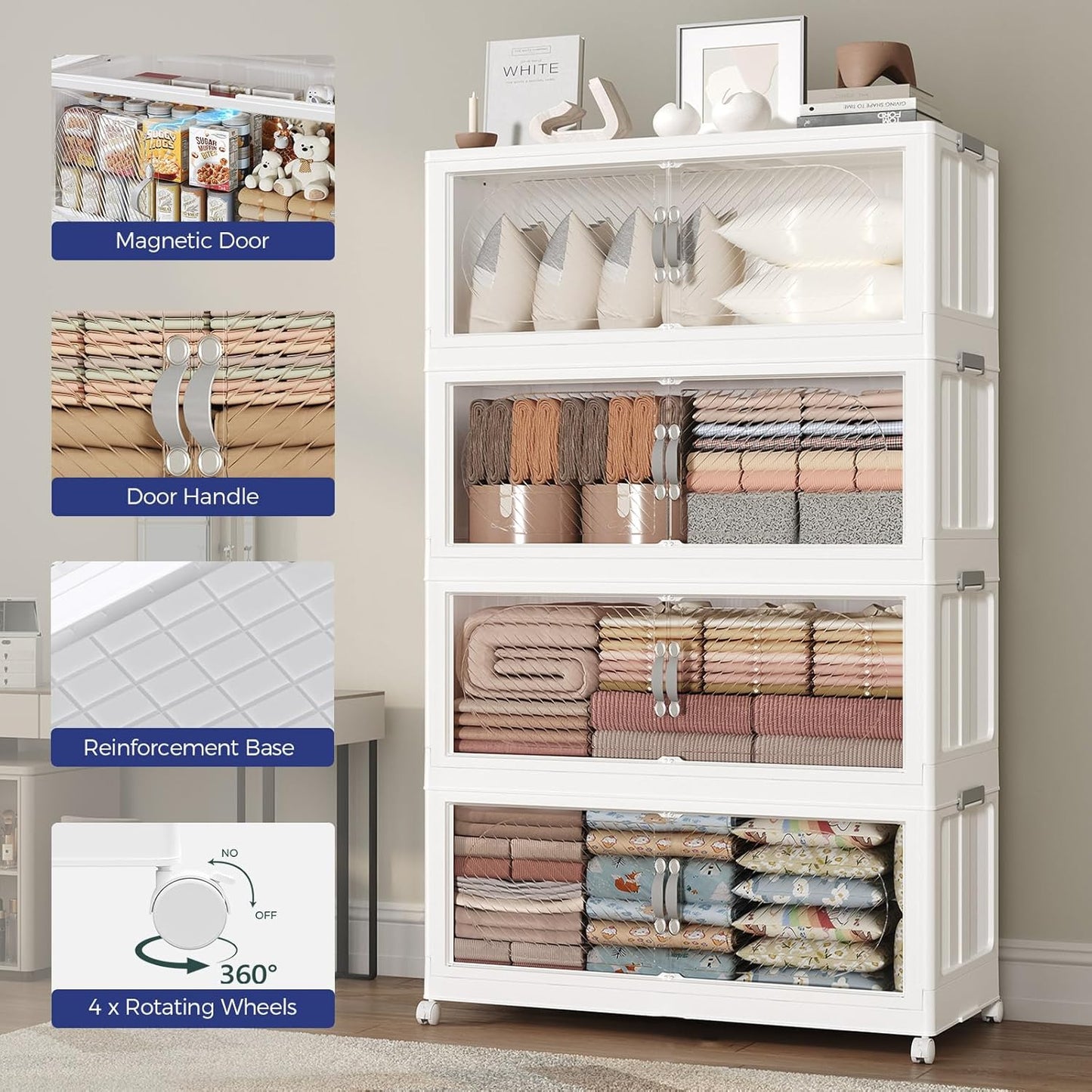 720QT Extra Large Stackable Storage Bins with Lid & Wheels & Doors, 180Gal Foldable Collapsible Closet Organizers, Plastic Cabinet Box Container Drawer for Home Kitchen Bedroom, 6Pack White