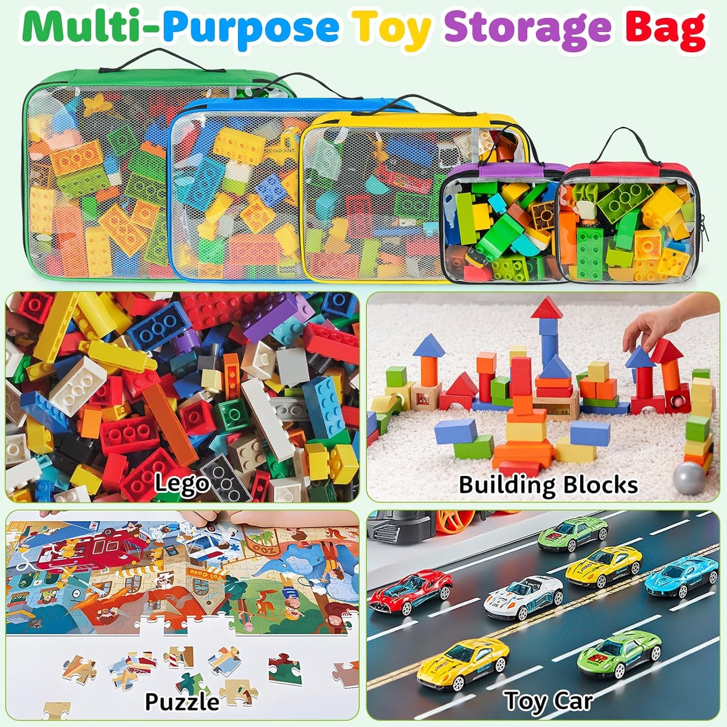 5 Packs Toy Storage Bags Compatible with Lego Bricks,Large Travel Toy Organizers for Kids Building Blocks,Toy Car,Puzzles with Mesh Pocket and Tag Pocket