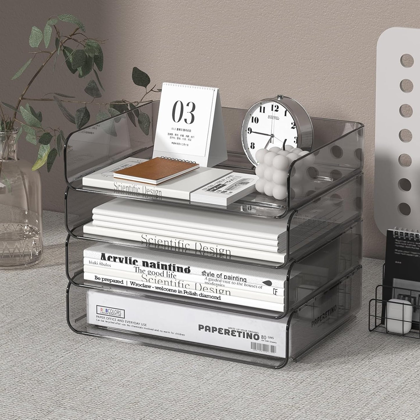 4-Tier Acrylic Paper Tray Organizer - Low-Profile Desk File Sorter for Office/Home, Brown Stackable Letter Tray for Bills, Crafts, Notebooks