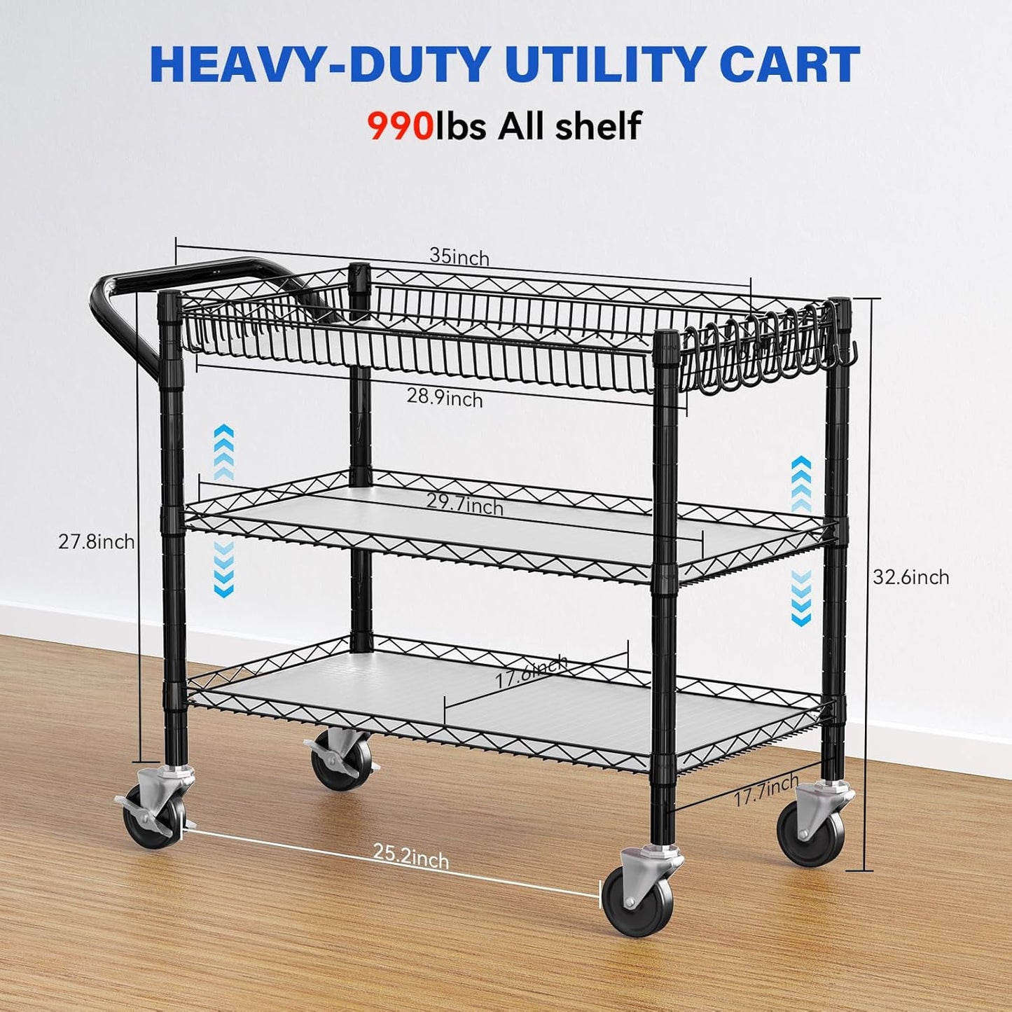 YNN Black Utility Rolling Cart,990Lbs 3 Tier Heavy Duty Metal Cart with Wheels & Handle NSF Wheeled Cart 31" D x 18" W x 33" H for Bedroom, Bathroom, Kitchen,Garden,Decor,Serving