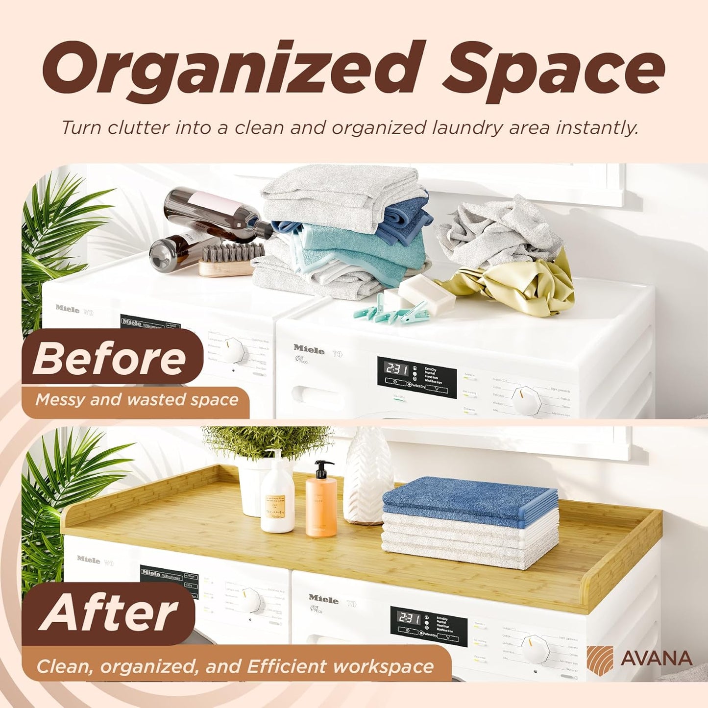 Avana (100% Natural Solid Wood Washer Dryer Countertop – Bamboo Pine Laundry Countertop with Raised Edges, 54” x 27.5” Counter Top for Washer and Dryer, Laundry Room Organizer & Tabletop