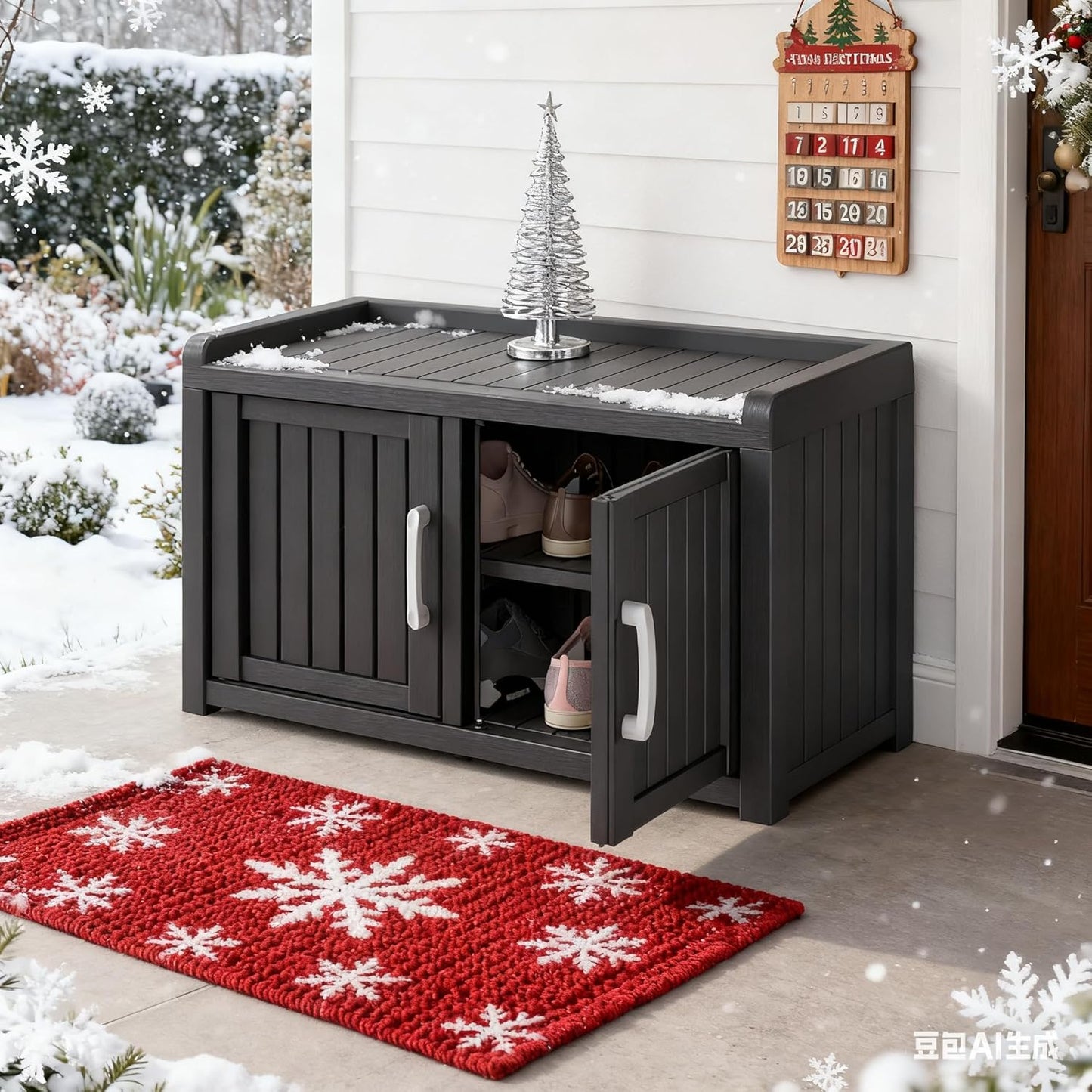 KAMABOKO Outdoor Shoe Storage Cabinet, Waterproof UV-Resistant Entryway Storage Bench Indoor Outdoor with 2 Barn Doors, Adjustable Shelves for Entryway, Bedroom, Hallway,Living Room(Classic Black)