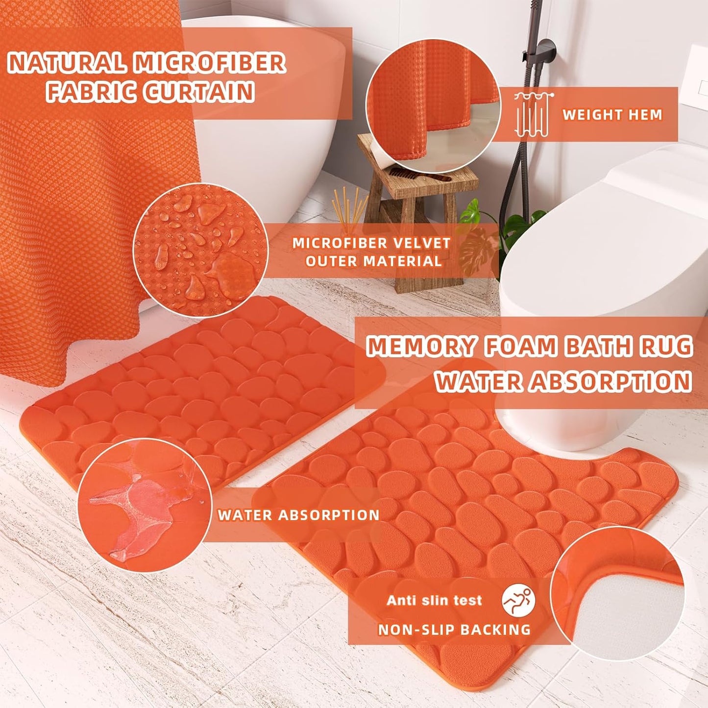 Bathroom Accessories Set - 25PC Bathroom Sets with Shower Curtain and Rugs, Orange Bathroom Accessories with Trash Can, Soap Dispenser, Soap Dish & Toilet Brush