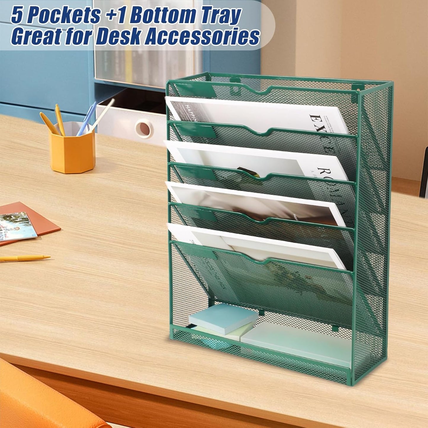 EASEPRES 6 Tier Desk File Organizer, Mesh Hanging Wall Mount Document Organization Stand, Desktop Vertical Mail Paper Folder Holder Rack with Bottom Tray for Office Cubicle, Sides Closed, Dark Green