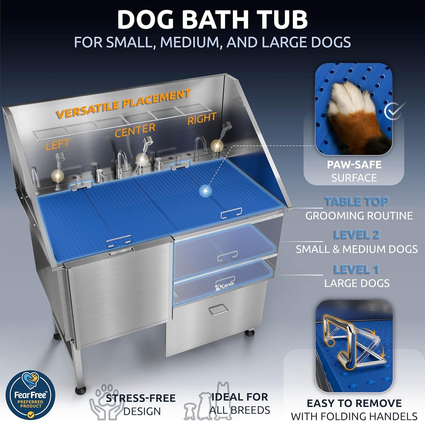 KANIS Professional Dog Washing Station - 304 Stainless Steel Pet Wash Sink & Grooming Bathtub w/Shower, Floor Grates and Storage for Large, Medium & Small Pets (50", 1 Drawer - Left Ramp)