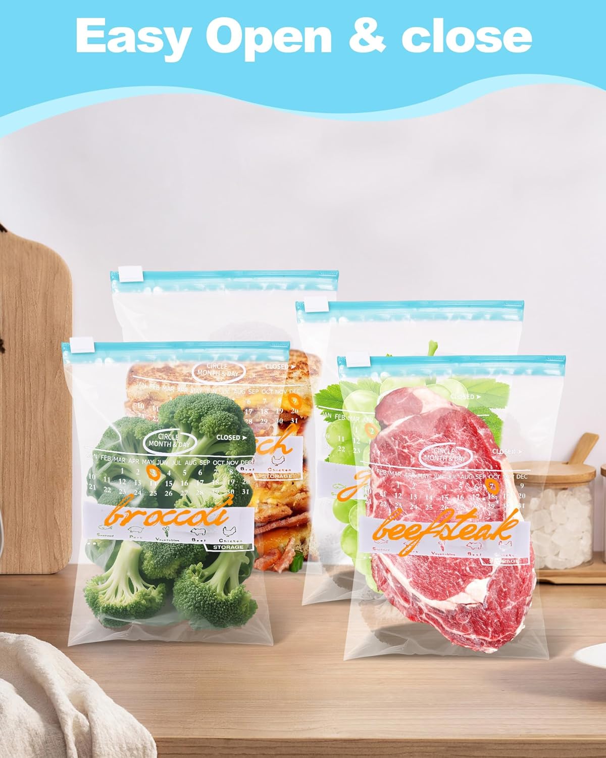 120 Pack Calendar Slider Quart Freezer Bags Reusable Food Storage Bags Slide Zipper Expandable Bottom Clear Plastic Freezer Bags With Write-On-Label For Food Storage (Blue)