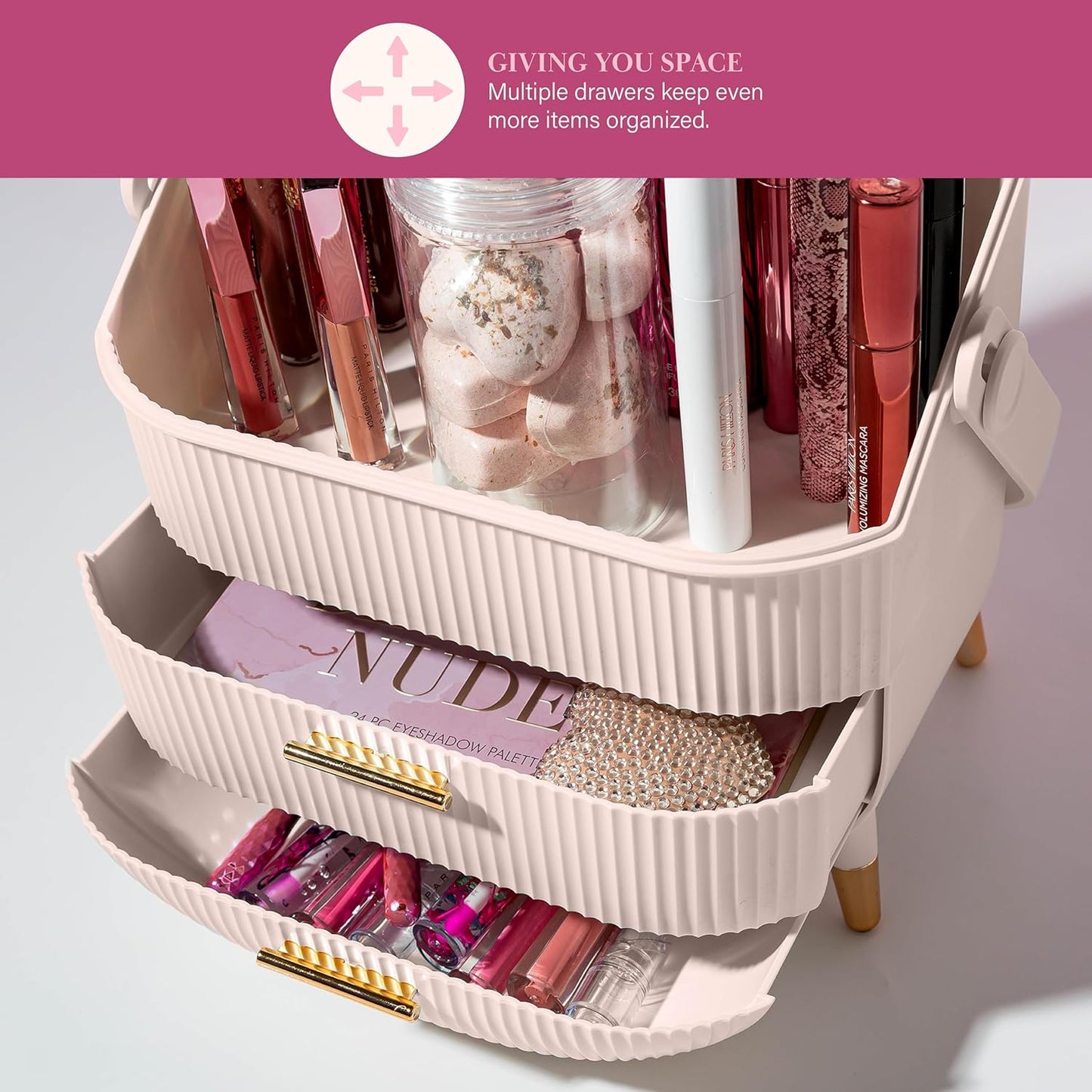 Paris Hilton Makeup Storage Organizer with Lid, Cosmetics and Skincare Organizer for Vanity, Portable Makeup Storage Box for Countertop, Fluted Design with Gold Accents, Pink