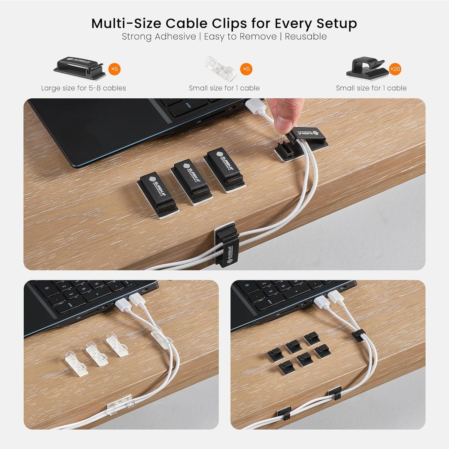 EUREKA ERGONOMIC Cable Management Organizer Kit Cable Raceways 316 PCS, 6 Cable Holder, 4 Cord Sleeve, 60 Wire Clips,2 Roll Self Adhesive Wire Ties, 100 Zip Ties For TV Office Home Under PC Desk,Black