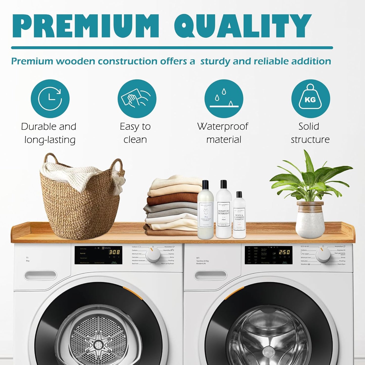 Royxen Laundry Countertop Solid Wood, Countertop for All Front-Loaded Washing Machine and Dryer, Extra Room for Laundry Room, Oak