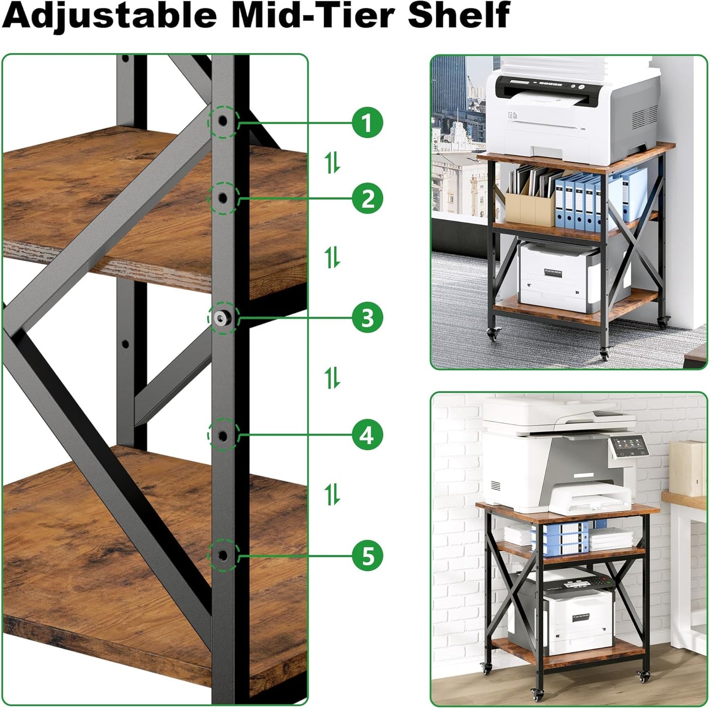 Ollieroo 3 Tier Printer Stand, Large Table with Wheels, Rolling Cart with Height Adjustable Middle Storage Shelf, 23.6 x 23.6 x 30.3 Inches Shelf for Home Office, Vintage Brown