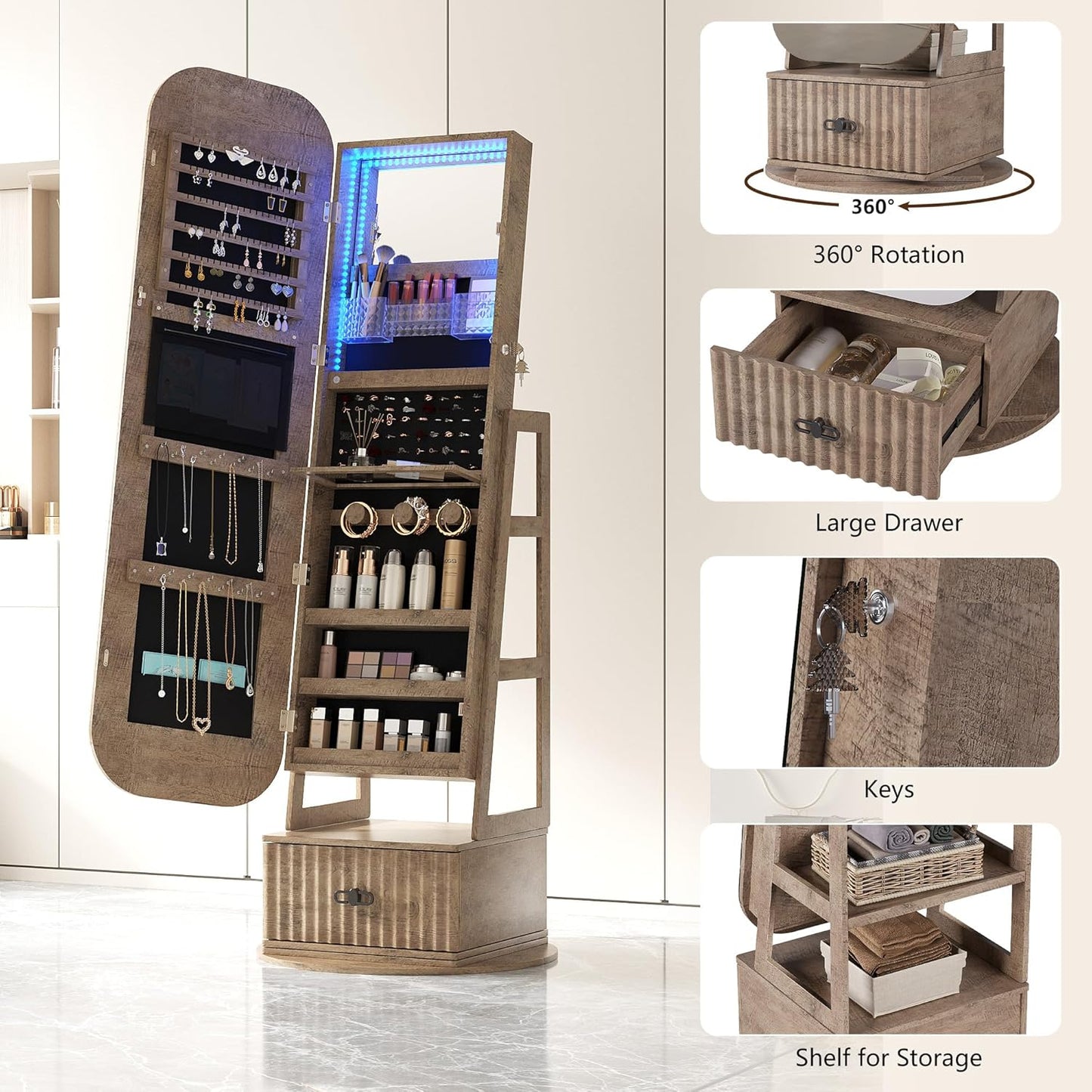 360°Swivel jewelry organizer with Full Length Mirror with Lights,Jewelry Armoires Cabinet Standing with Drawer,Large Mirror Storage for Jewelry and Makeup(Wood)