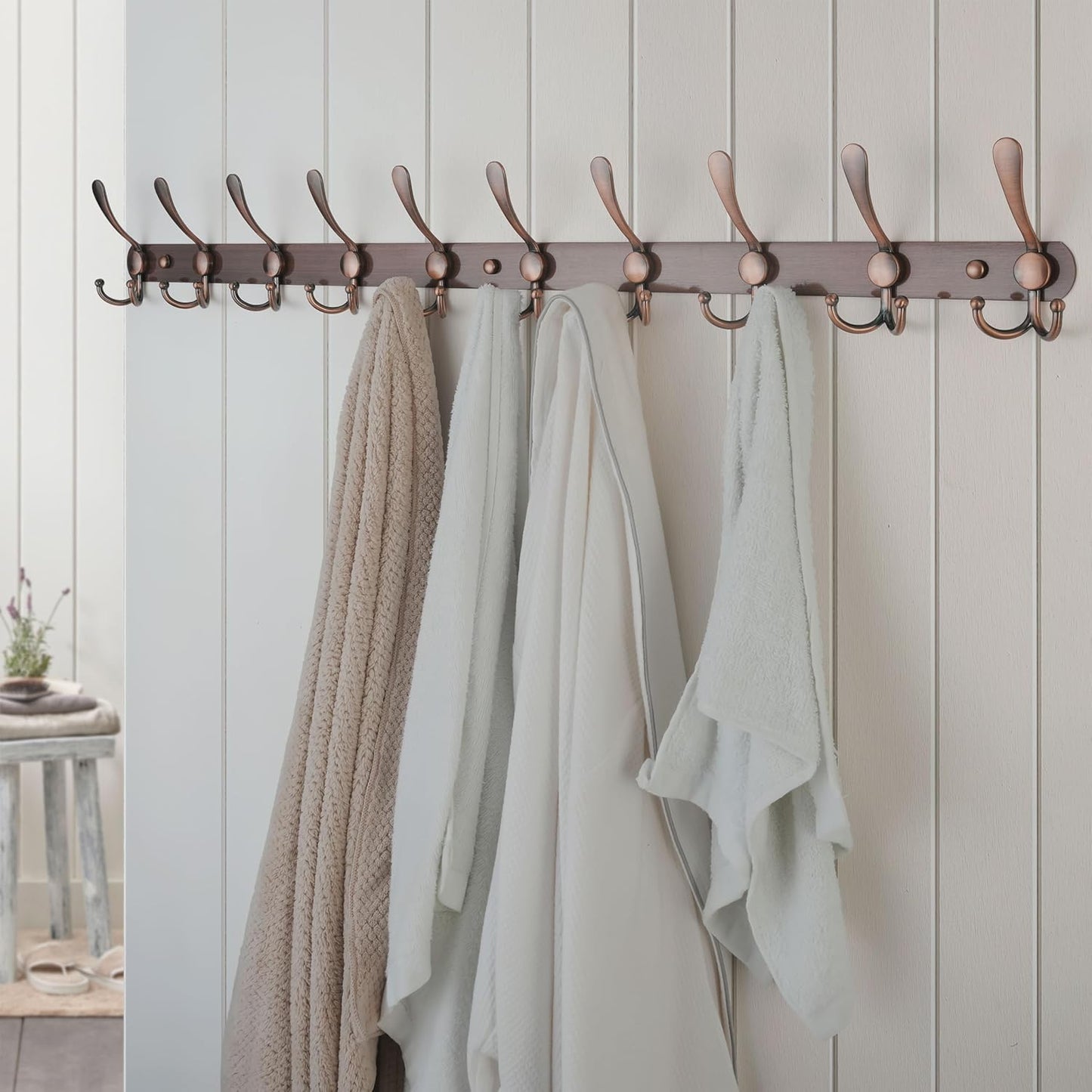 Dseap Coat Rack Wall Mount - 38” Long 10-Tri-Hooks Heavy Duty Coat Hanger Rail Wall Hooks for Hanging Coats Hats Clothing Clothes Purse Mudroom Entryway, Antique Copper