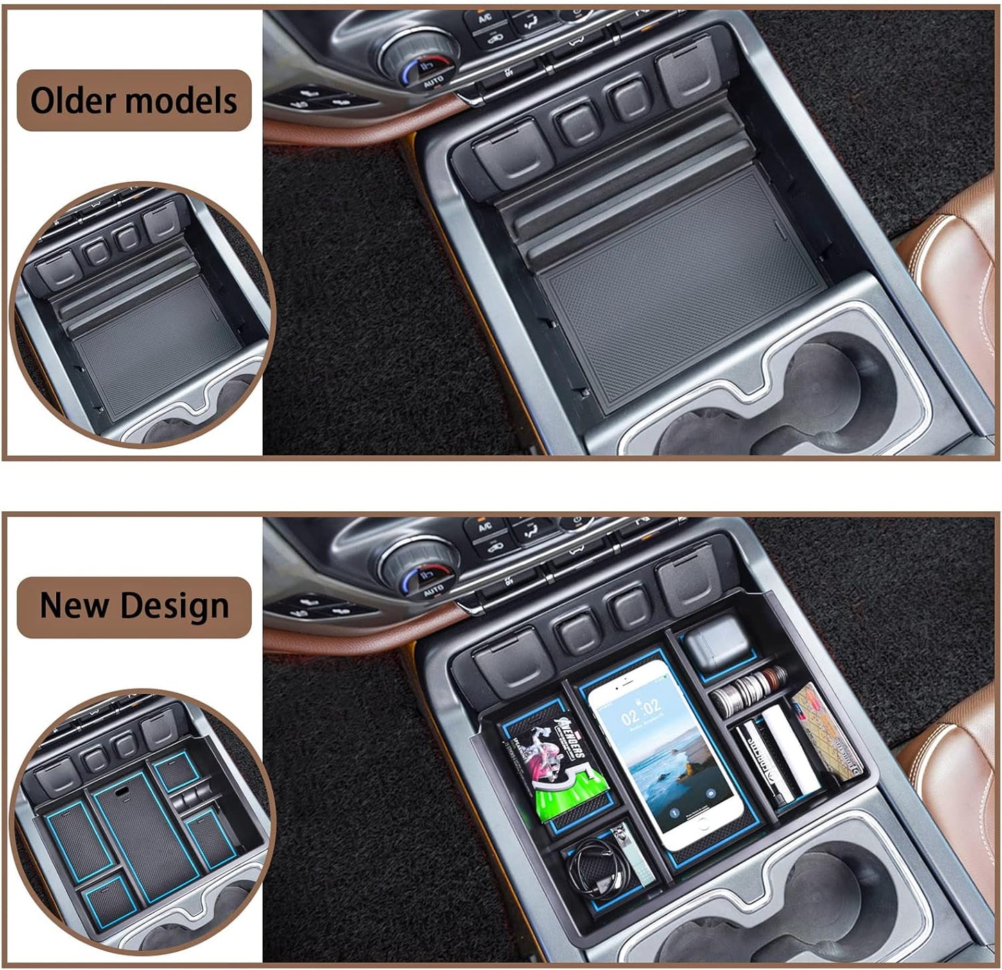 Center Console Organizer Tray Compatible with Chevy Silverado/GMC Sierra 1500/2500/3500HD 2014-2018,15-19 Silverado/Sierra 2500HD/3500HD Accessories Compartment,Full Console w/Bucket Seats ONLY,Blue