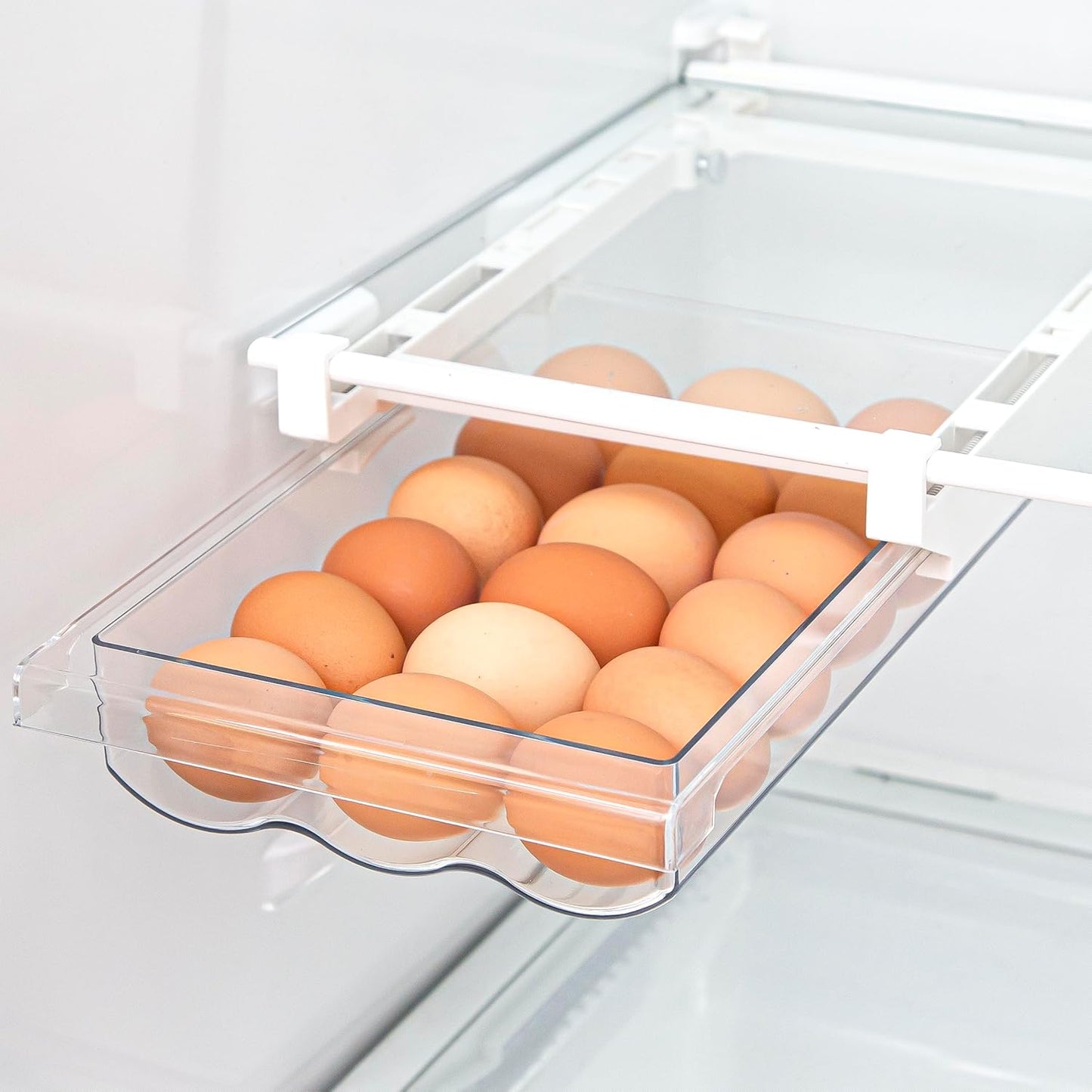 BINO | Pull-out Egg Holder Organizer | THE HANGER COLLECTION | Fridge Egg Drawer Organizer | Clear Egg Holder Tray for Refrigerator and Pantry | 18 Eggs Shelf Holder Storage Drawer