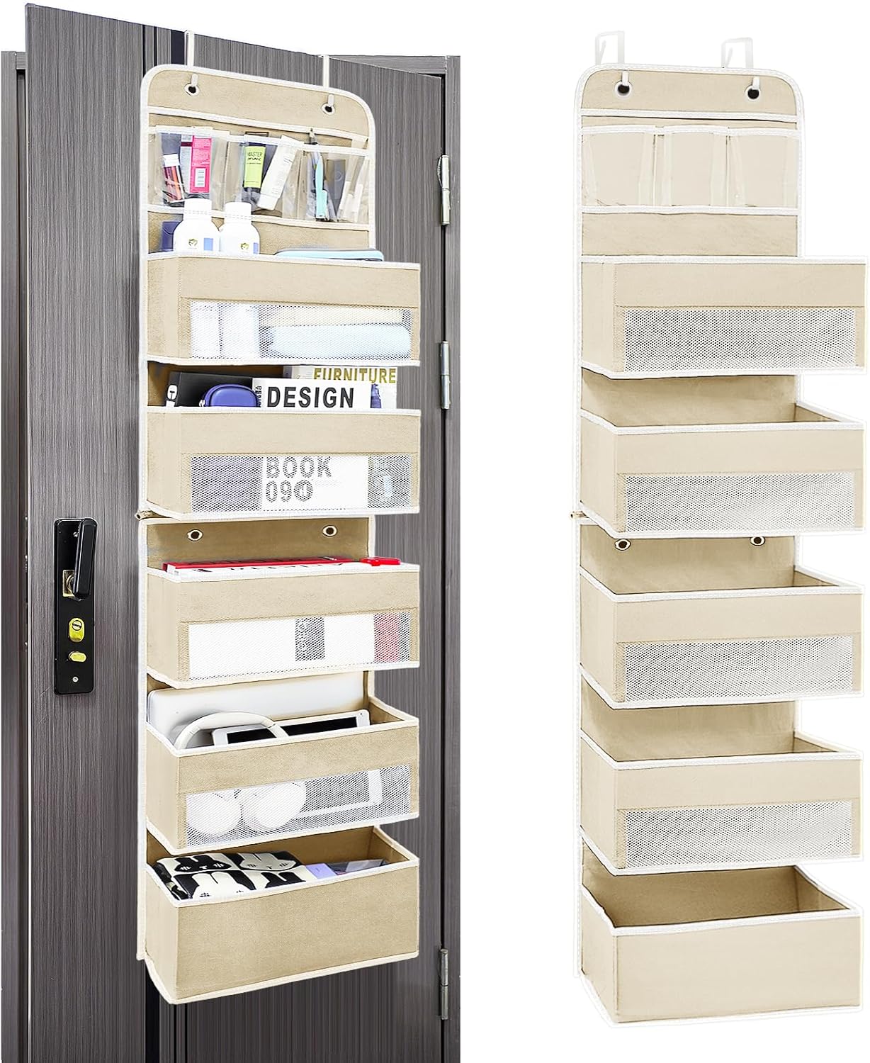 Over The Door Organizer, Behind Door Storage of 5 Compartments, 44 Weight Capacity Bathroom Organizers and Storage, Hanging Organizer for Closet, Room Storage, Lvoy White, 6 Shelf
