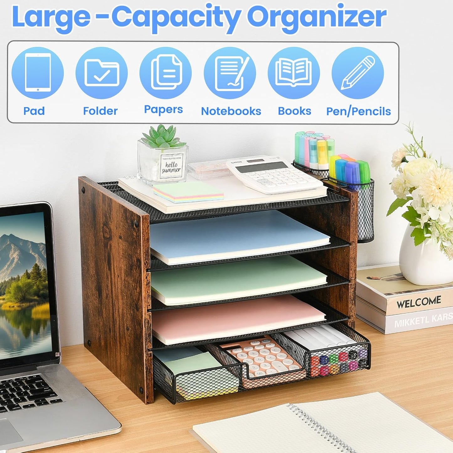 OPNCIE Desk Organizer and Accessories, 5-Tier Paper Letter Tray File Organizer with Drawer & 2 Pen Holder, Office Desk Accessories Workspace Desktop Organizer for Office Supplies(Brown)