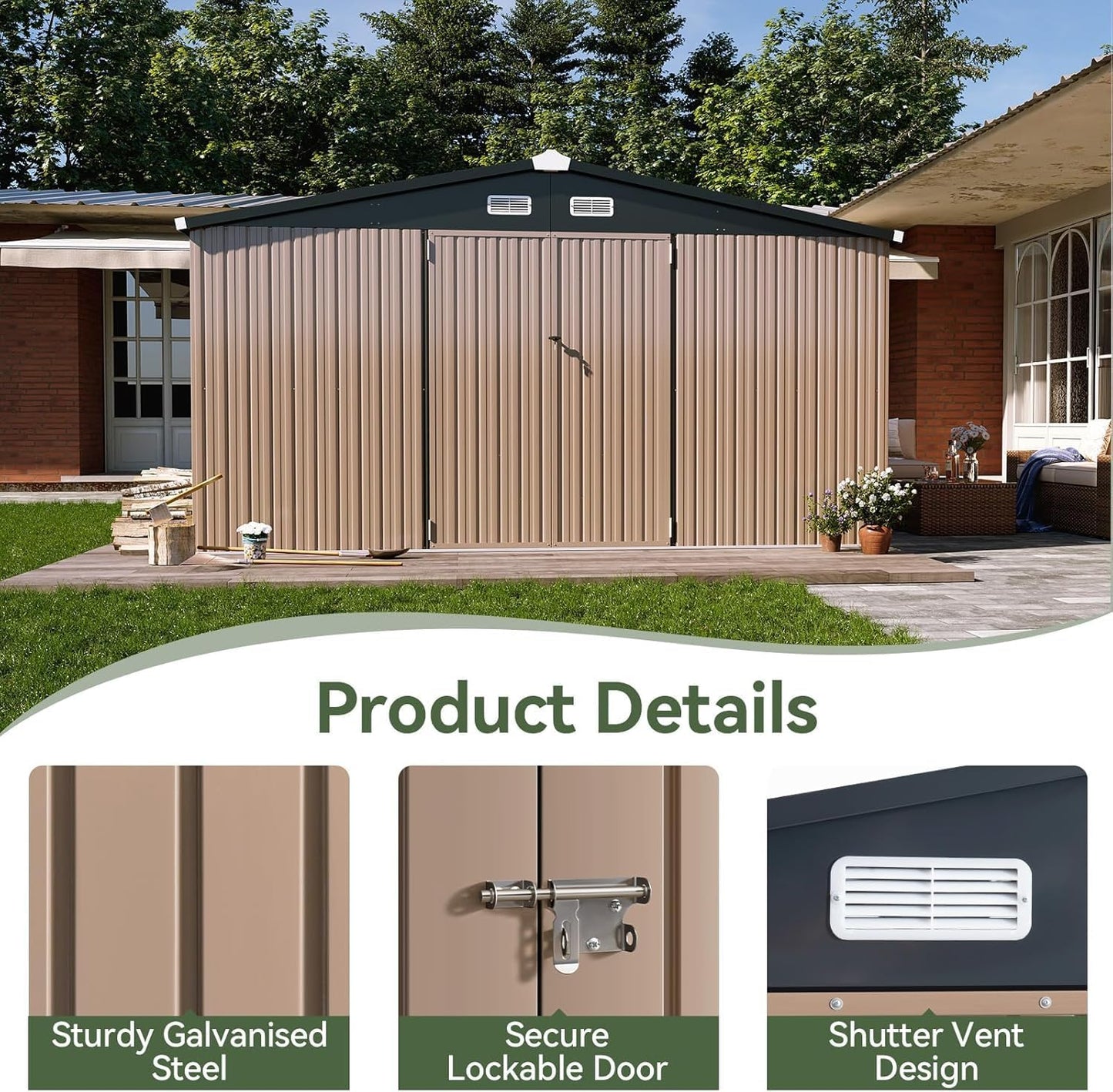 Aoxun 12x10 FT Shed Outdoor Storage Shed with Large Doors & Galvanized Steel, Large Shed Steel Utility Tool Shed Storage House with Door & Lock, for Patio Lawn Garden Sand, Brown