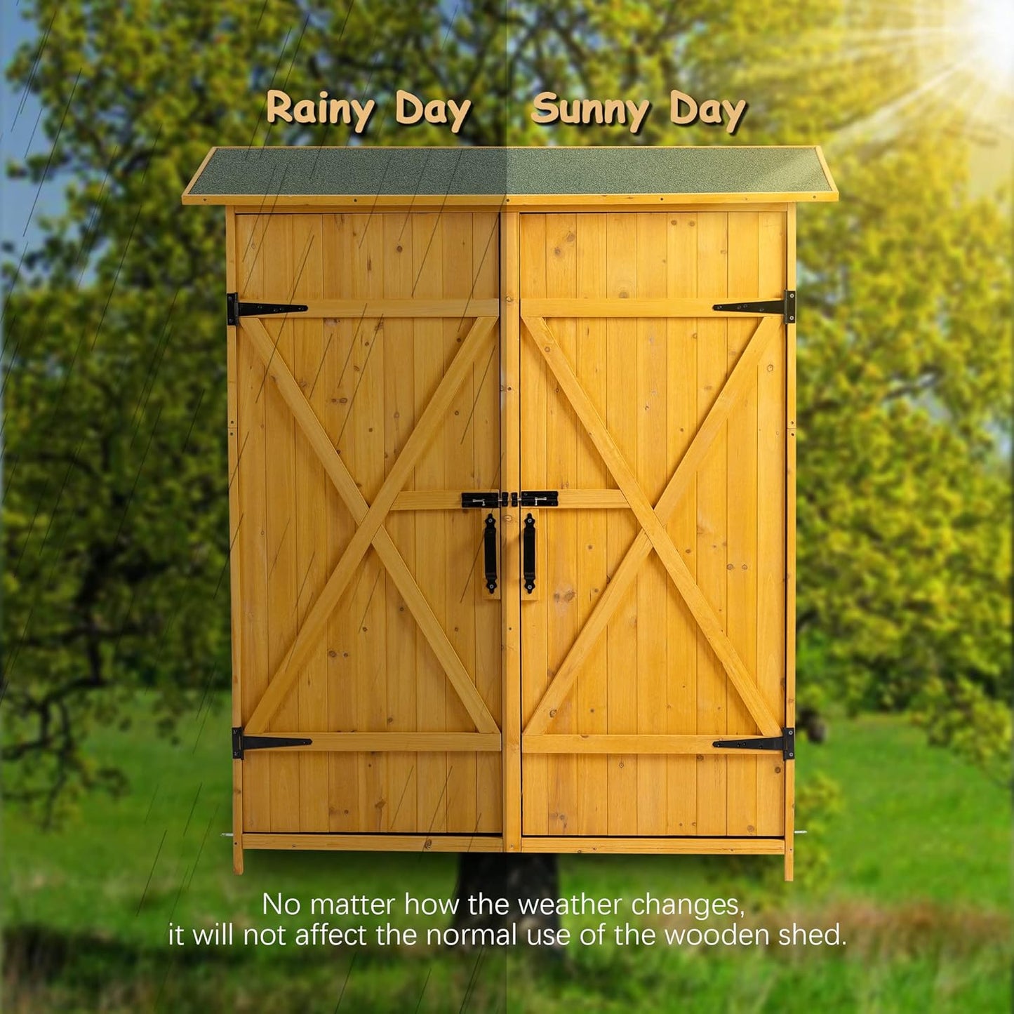 56" x 19.5" x 64" Outdoor Wooden Storage Shed with Lockable Door, Detachable Shelves & Waterproof Asphalt Roof for Garden Tools, Pool Supplies, Lawn Equipment