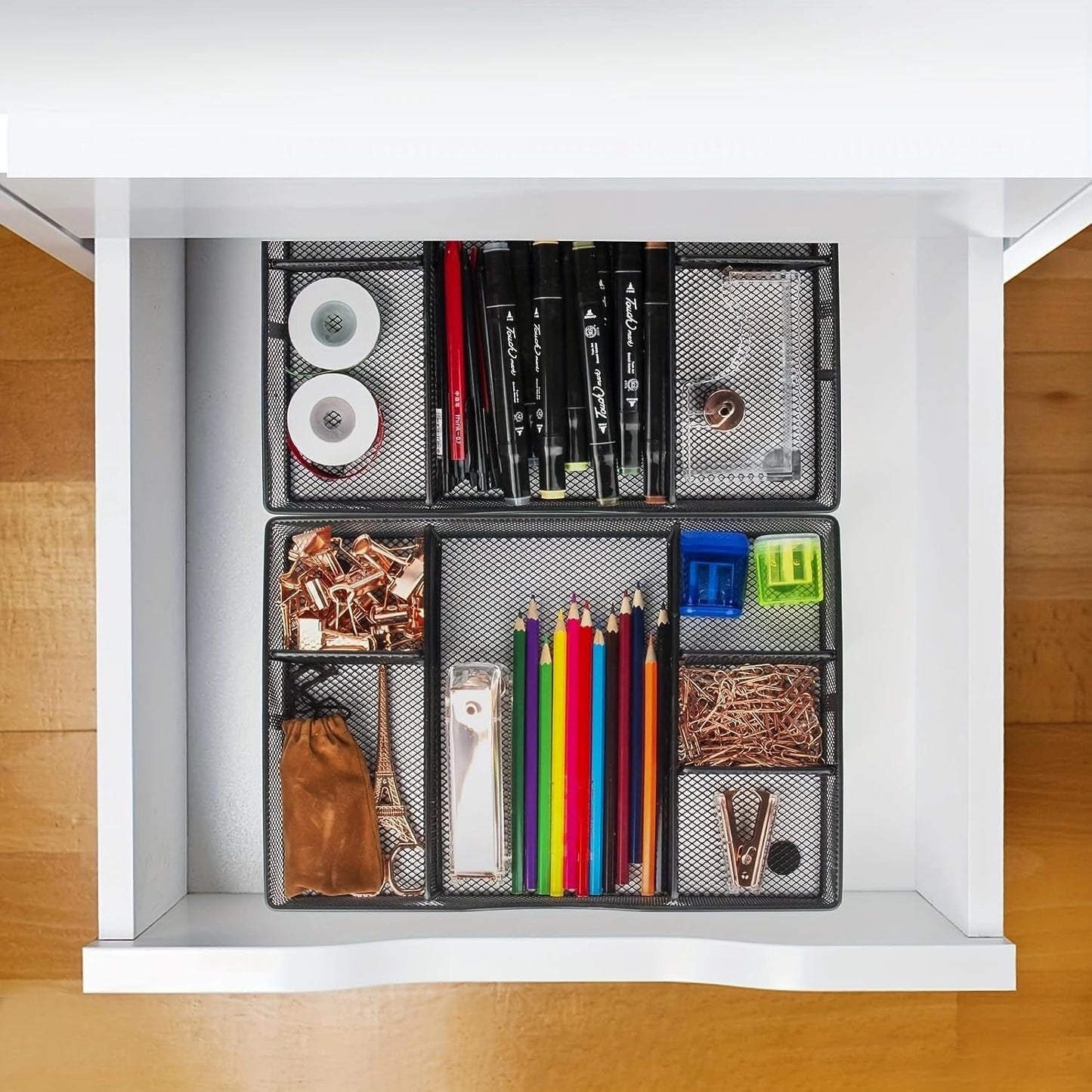 Desk Drawer Organizer Tray, Metal Mesh Drawer Organizers Office, 6 Adjustable Compartment, Desk Organizer Tray for Home Office 12.87L x 8.73D x 1.96H inch, Black, 1PC Medium