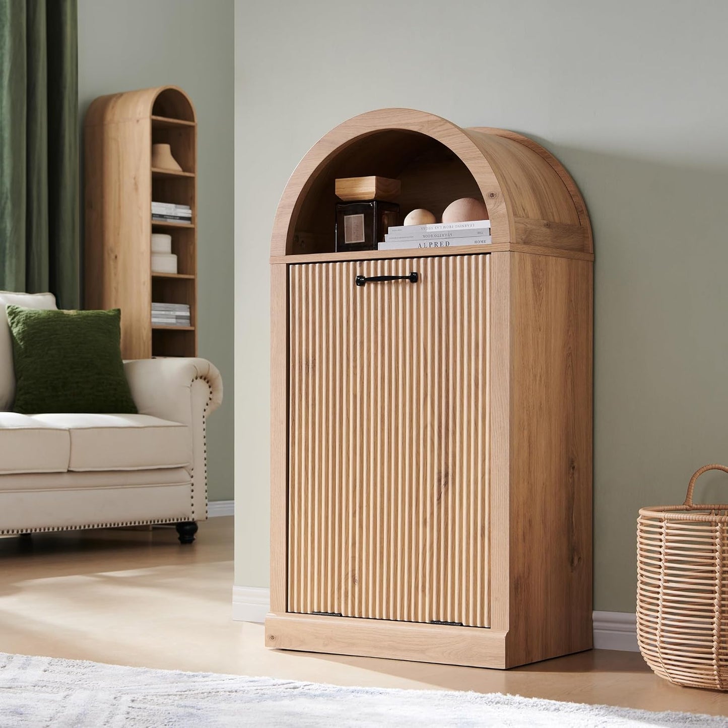 Arched Tilt-Out Trash Can Cabinet, Fluted 10 Gallon Trash Can with Open Shelf, Modern Laundry Hamper Cabinet, Hidden Garbage Can with Storage Basket for Kitchen, Living Room, Narural