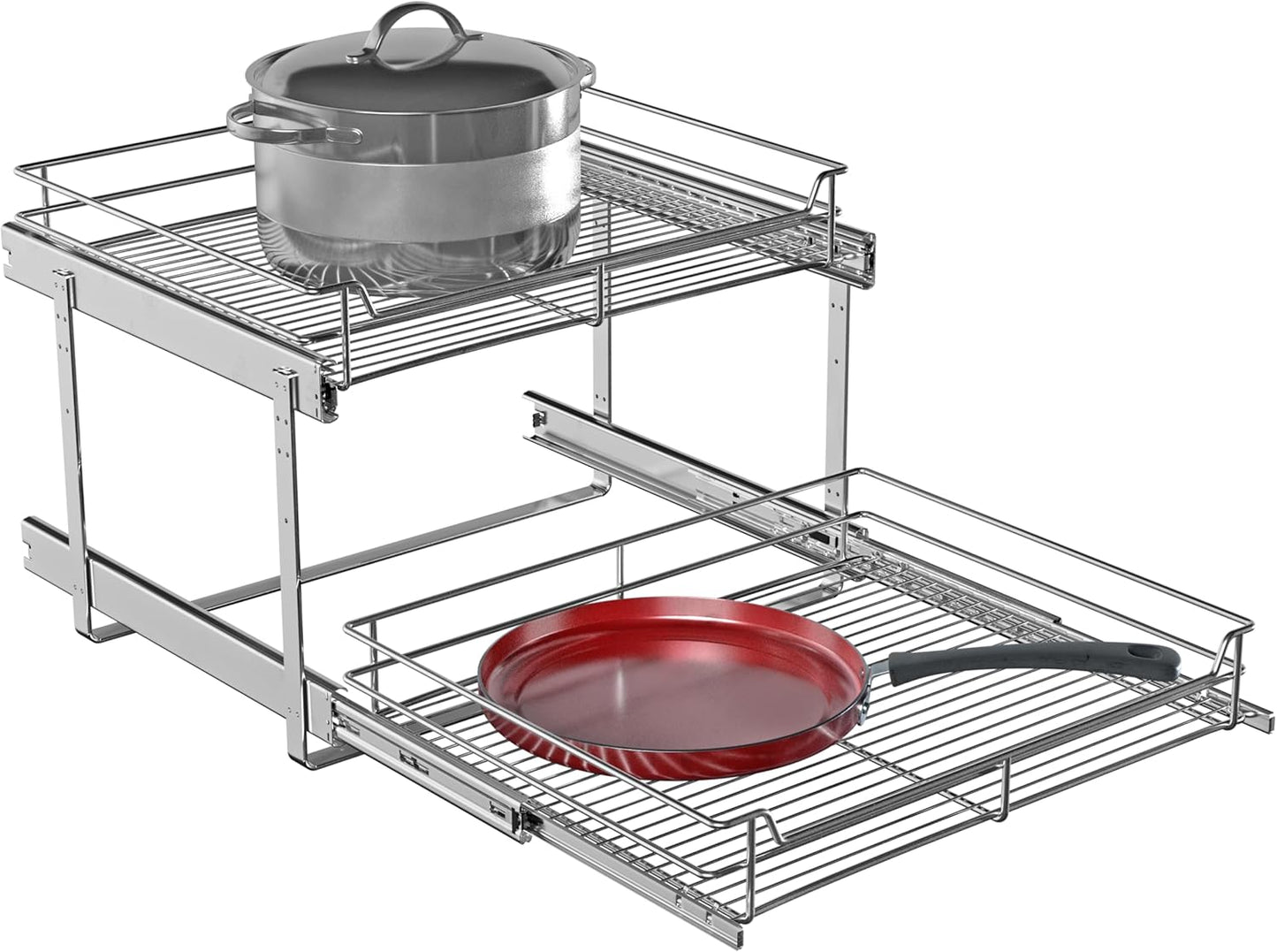 2-Tier Cabinet Pull Out Shelves (20" W x 22" D), Slide Out Shelves for Kitchen Cabinets, Metal Pots and Pans Organizer for Under Cabinet