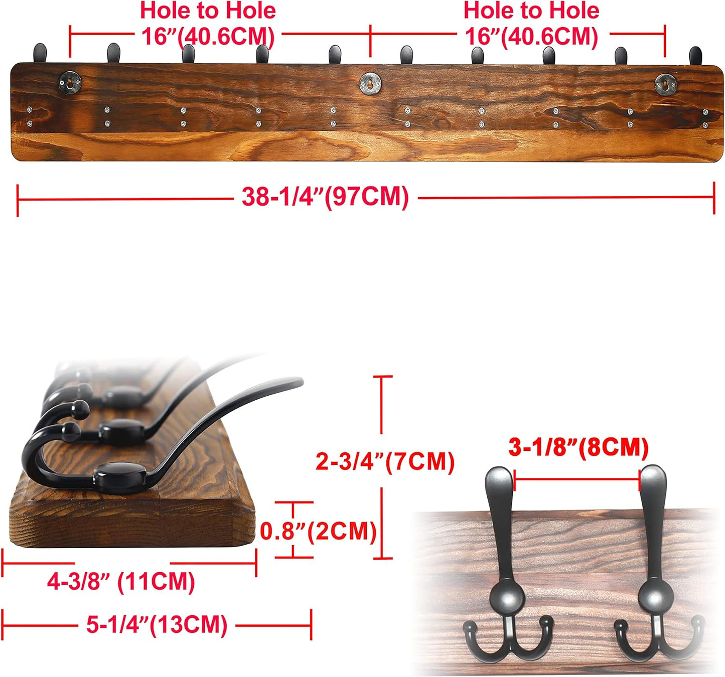 Dseap Coat Rack Wall - Heavy-Duty 38-1/4" Long, with Reinforced 10 Custom Tri-Hooks, Solid Wood Wall Hanger for Coats Hat Jackets - Rustic Farmhouse Entryway Storage, Natural & Black, Pack of 2