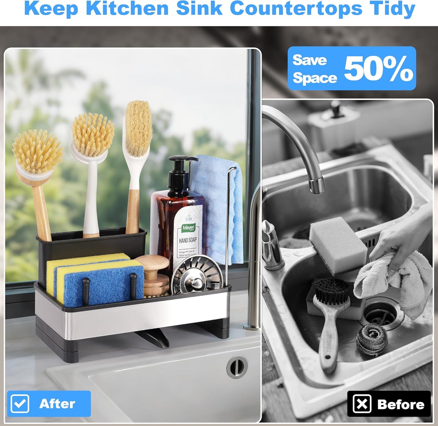 Kitchen Sink Caddy Organizer with Dish Brush Holder, Stainless Steel Sponge Holder with Dish Cloth Rack, Soap Sponge Caddy for Kitchen Countertop Sink Organizer and Storage Essentials