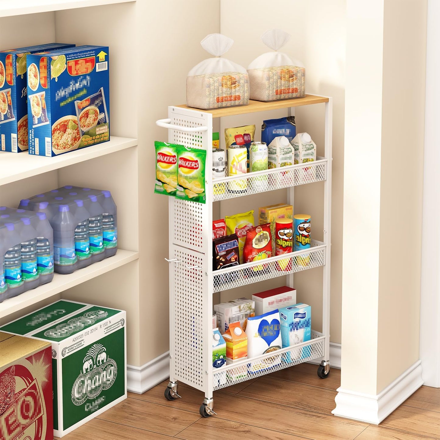 Utility Slim Storage Cart 4 Tier Small Rolling Kitchen Laundry Room Organization Cart with Wood Top Metal Narrow Laundry Room Shelves Cabinet Unit Laundry Organizer Trolley with Handle for Small space