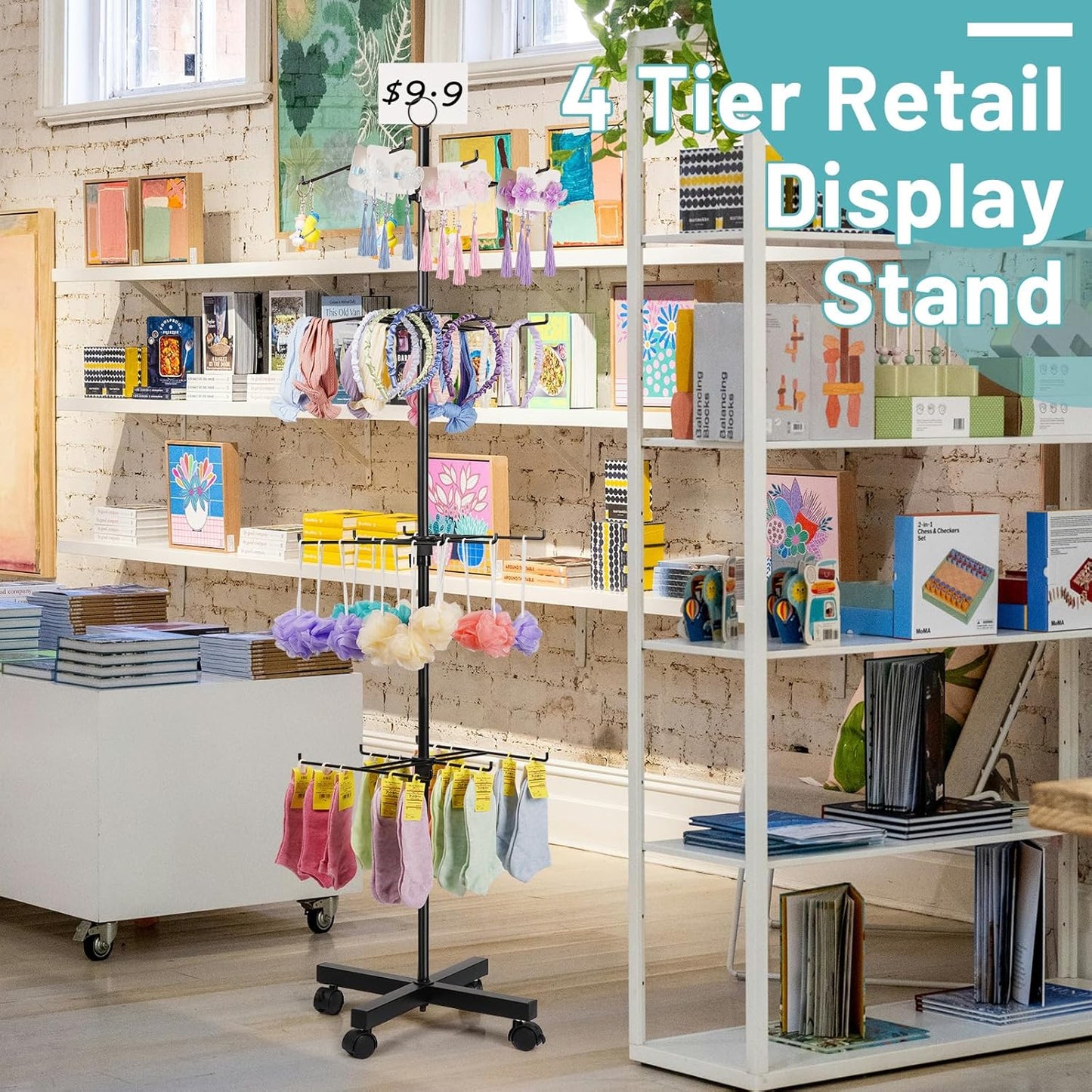 Retail Display Stand Rotating Display Stand 4 Tier Spinning Display Stand for Craft Shows, Jewelry, Keychain, Earring Adjustable Height Retail Display Racks (Black)
