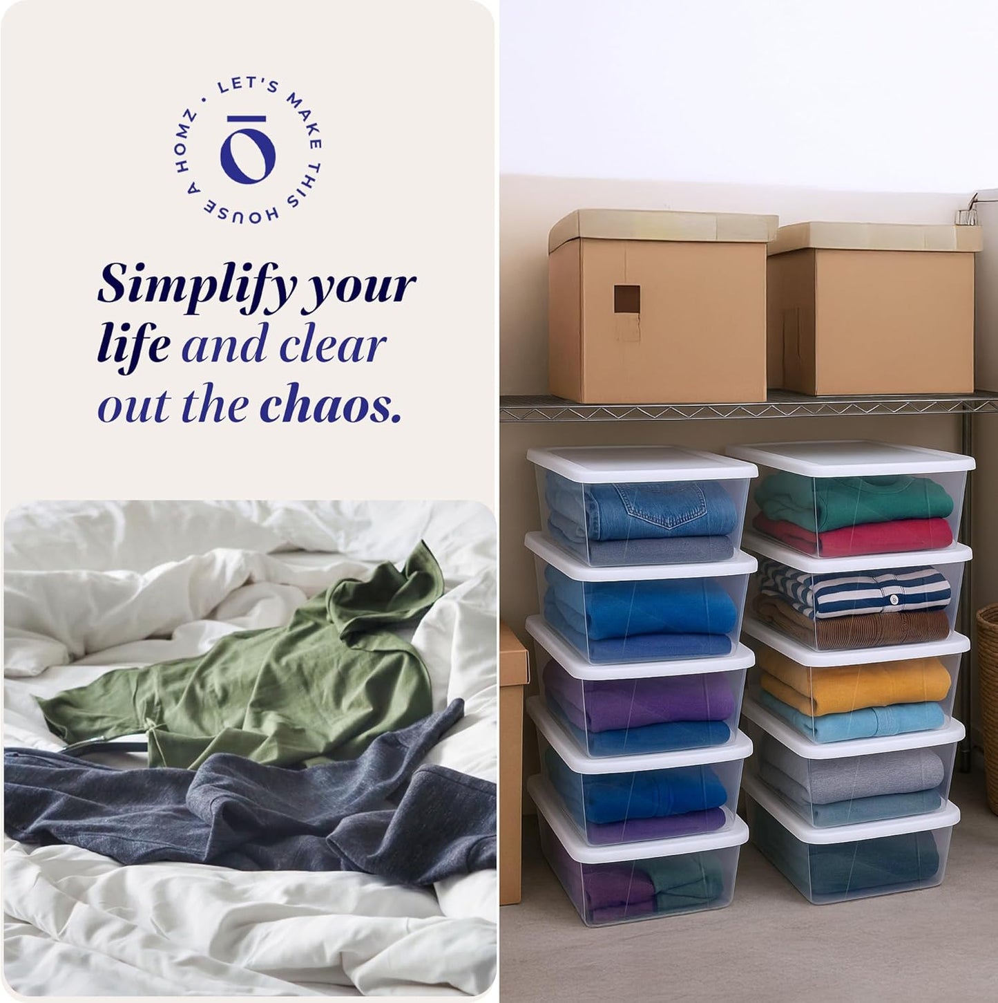 HOMZ 10-Pack Snaplock, Small Clear Plastic Storage Organizer Bins w/ Lids, 6 Quart, White - Stackable Container Boxes for Bedroom, Bathroom, Garage, and Office Organization